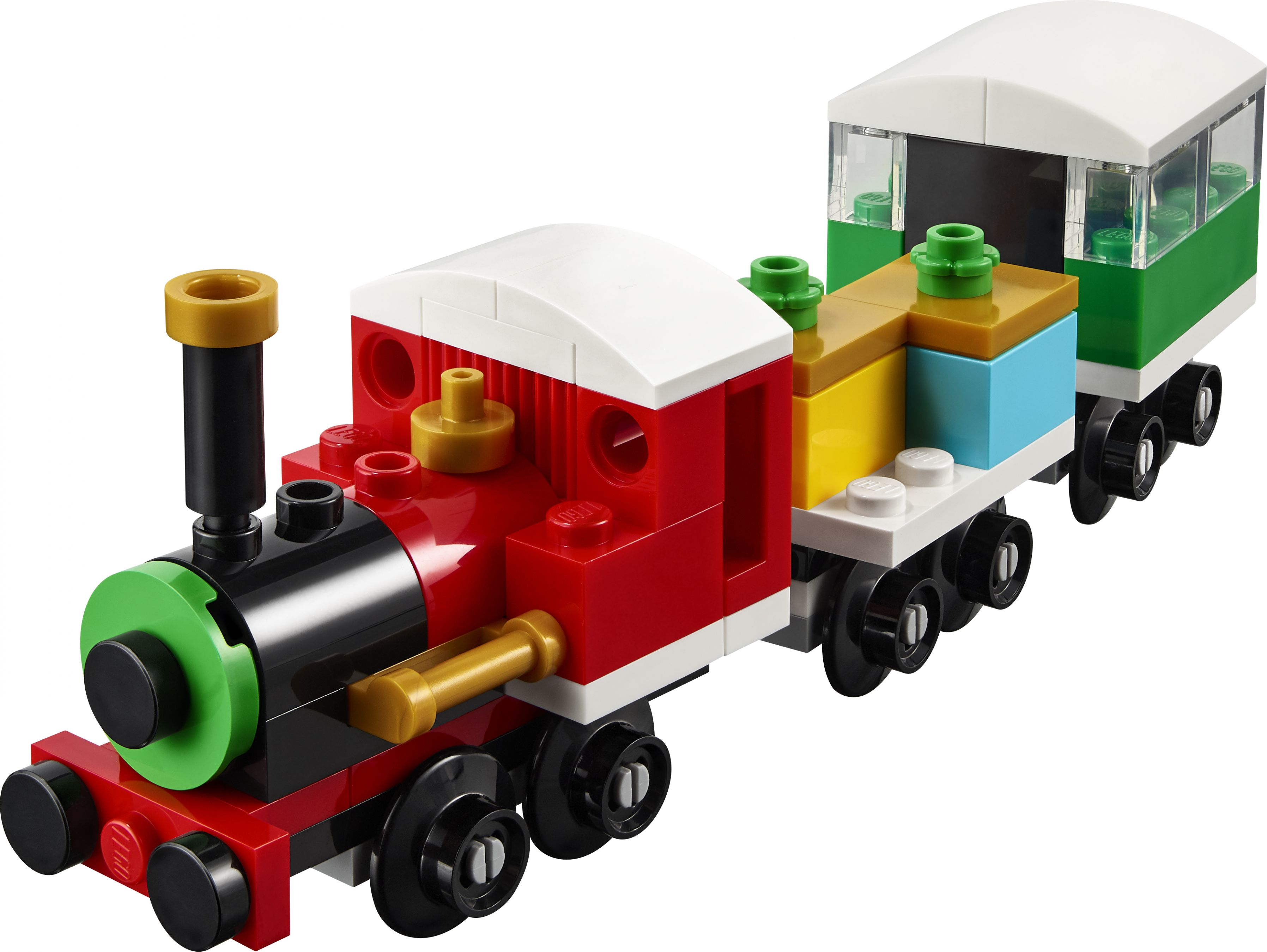 Eine Spielzeugeisenbahn aus bunten Blöcken, mit roter Lok und grünem Waggon.