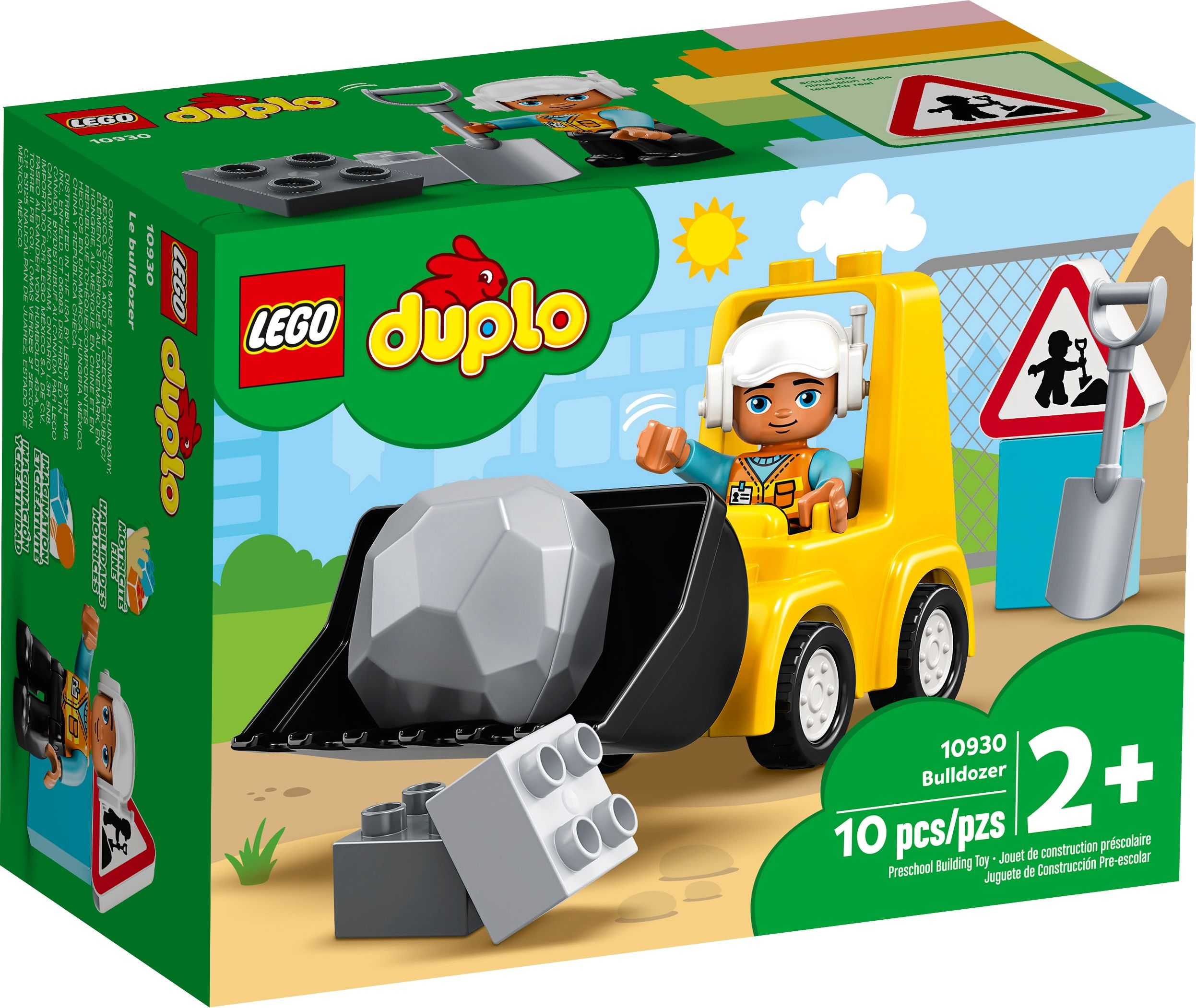 Lego Duplo Bulldozer-Spielzeugbox-Set. Es hat einen gelben Bulldozer, eine Figur, einen Felsen und andere Blöcke.