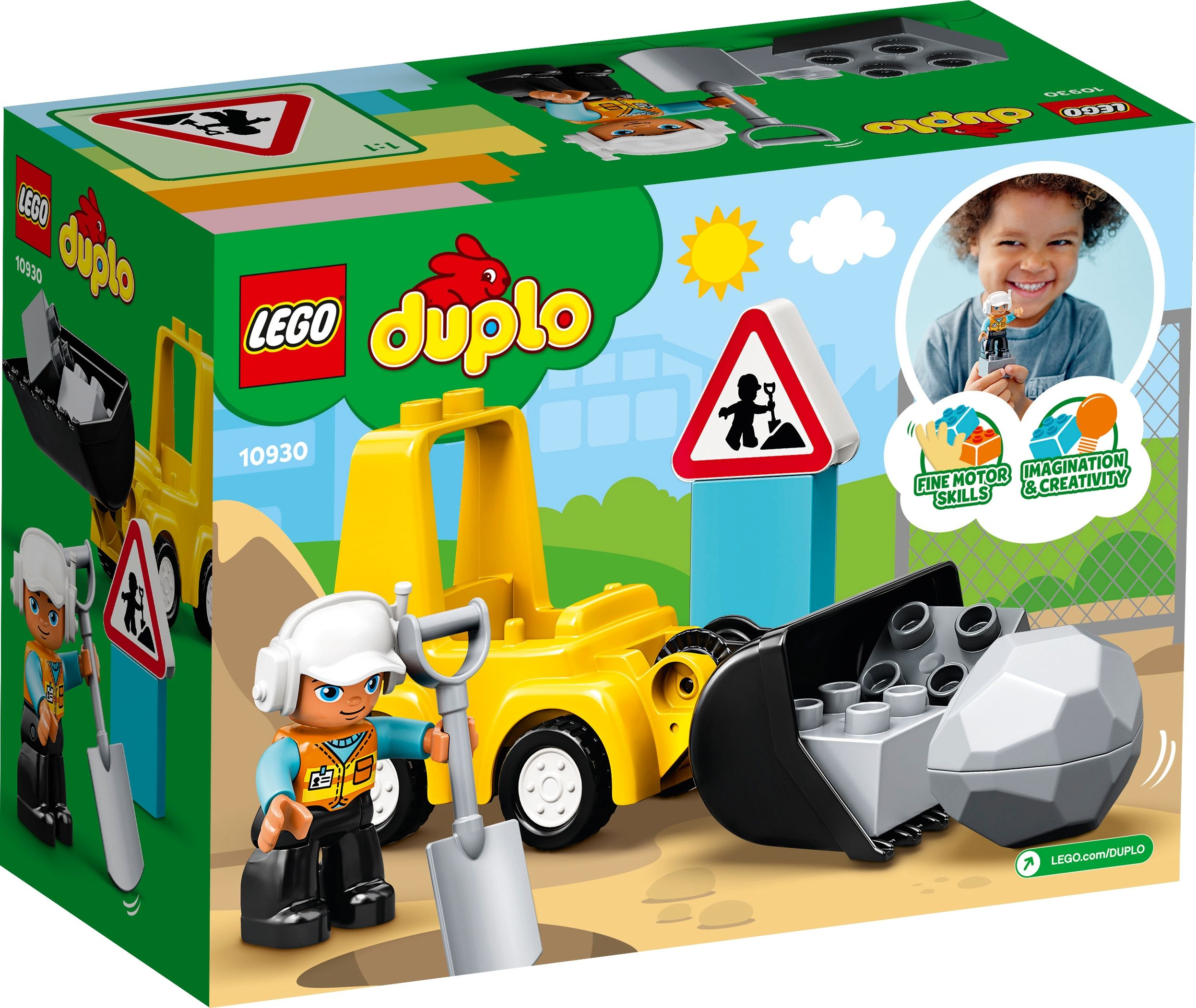 Lego Duplo Bausatz mit Kind, Figuren und gelbem LKW.