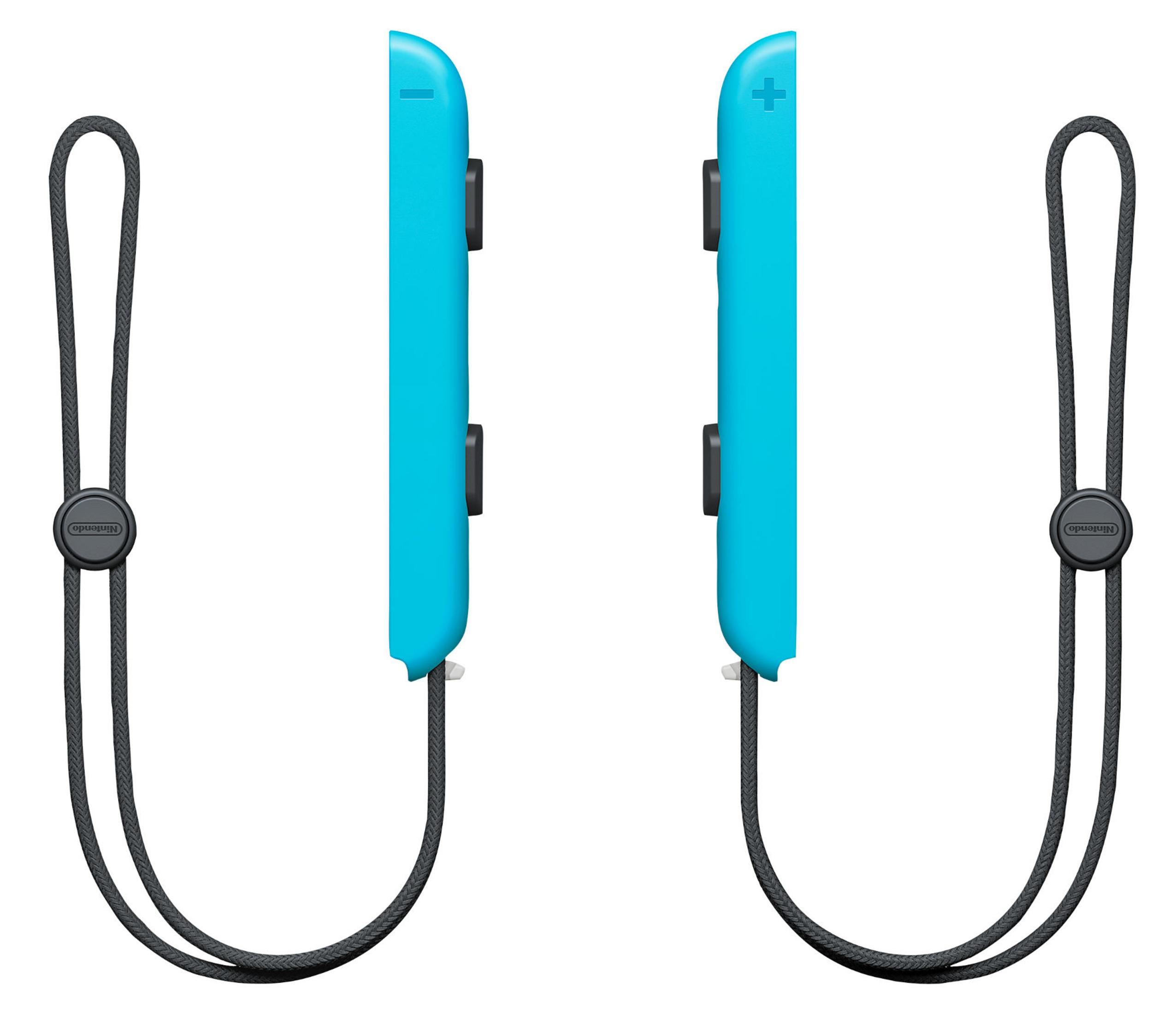 Due cinturini Joy-Con Nintendo Switch blu con cinturini da polso neri attaccati. I cinturini hanno simboli + e -.