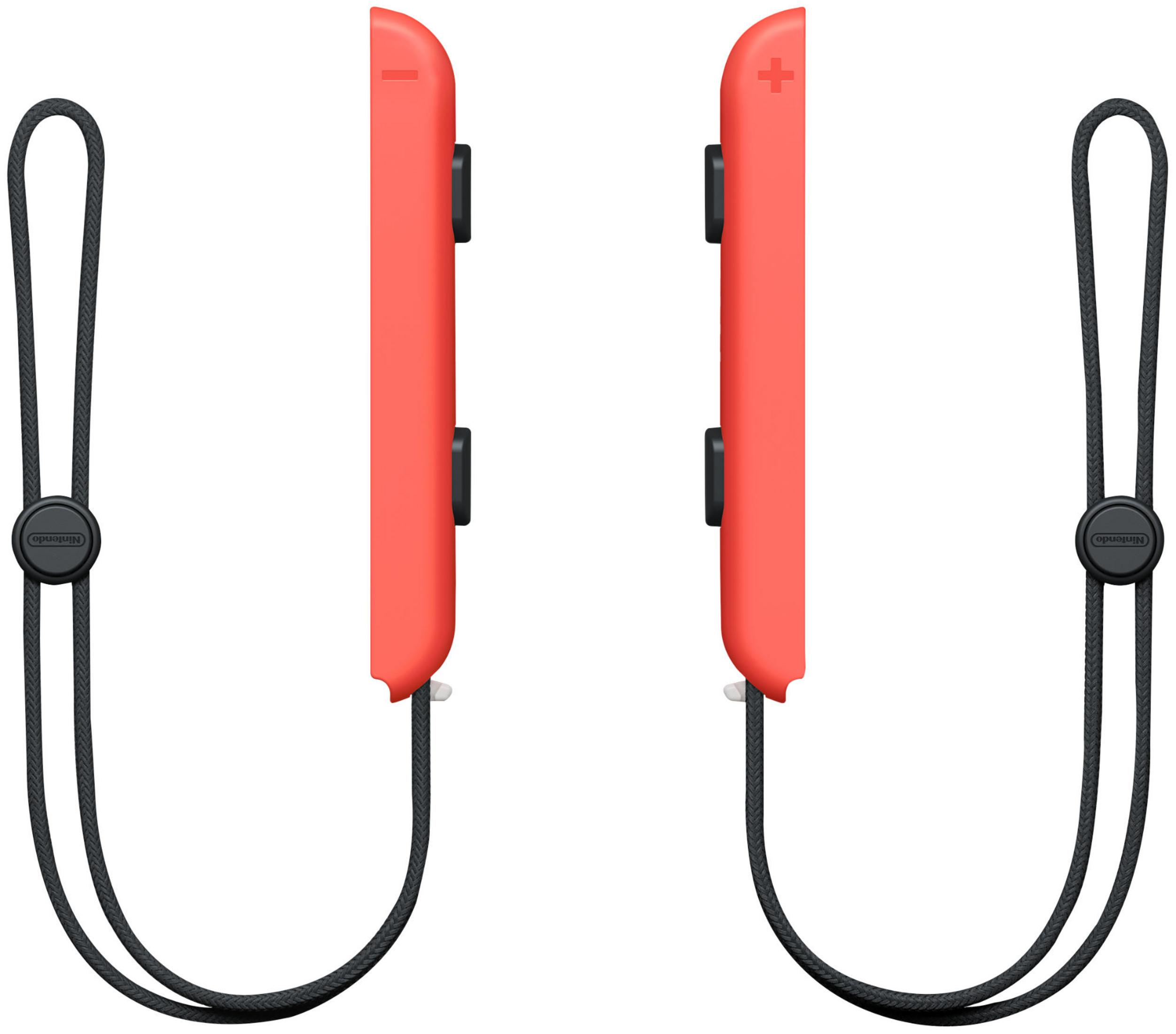 Due cinturini Joy-Con Nintendo Switch rossi con cinturini da polso neri collegati. Hanno simboli + e -.