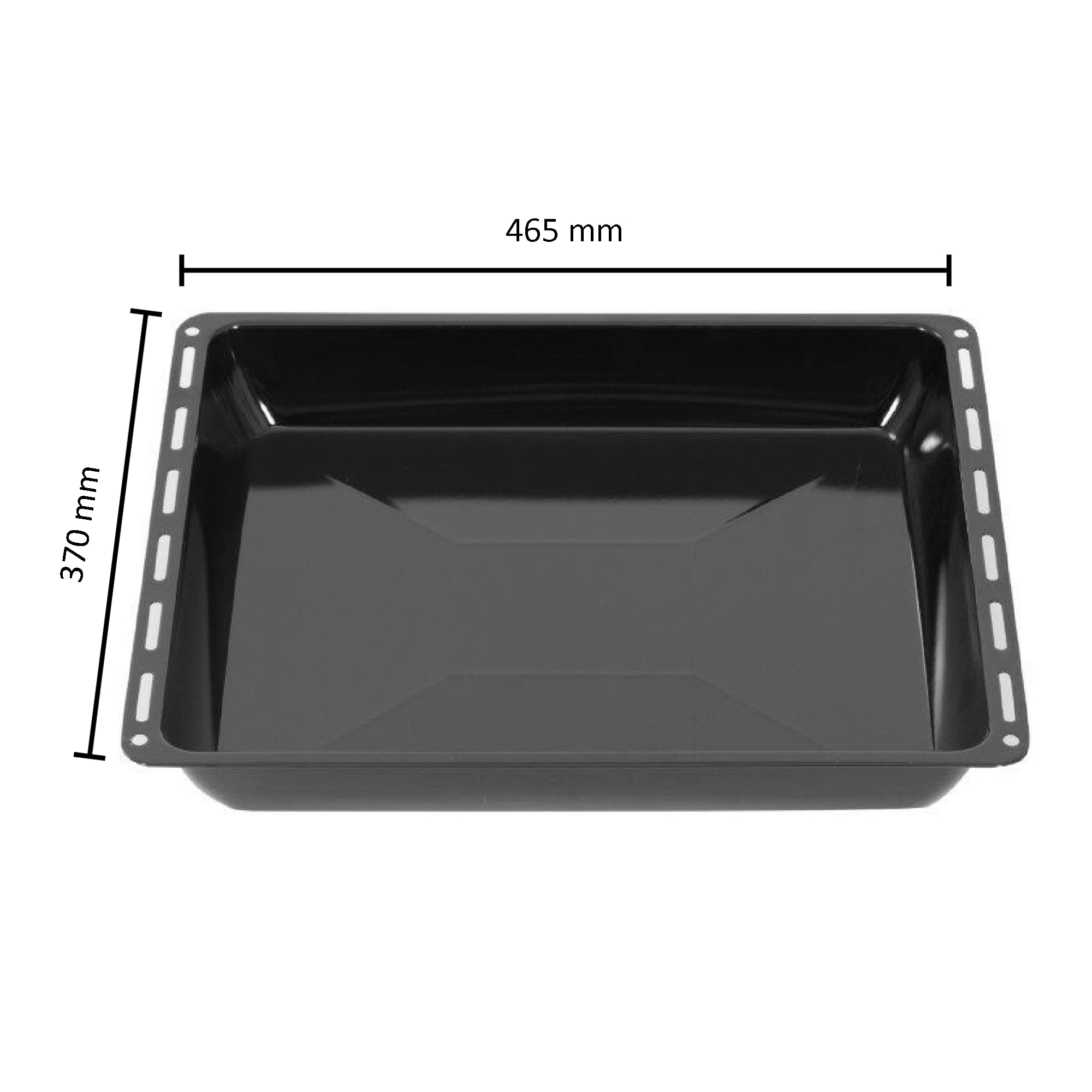 Schwarzes Backblech. Es hat die Maße 465 mm x 370 mm. Es ist leer. Weißer gepunkteter Rand.