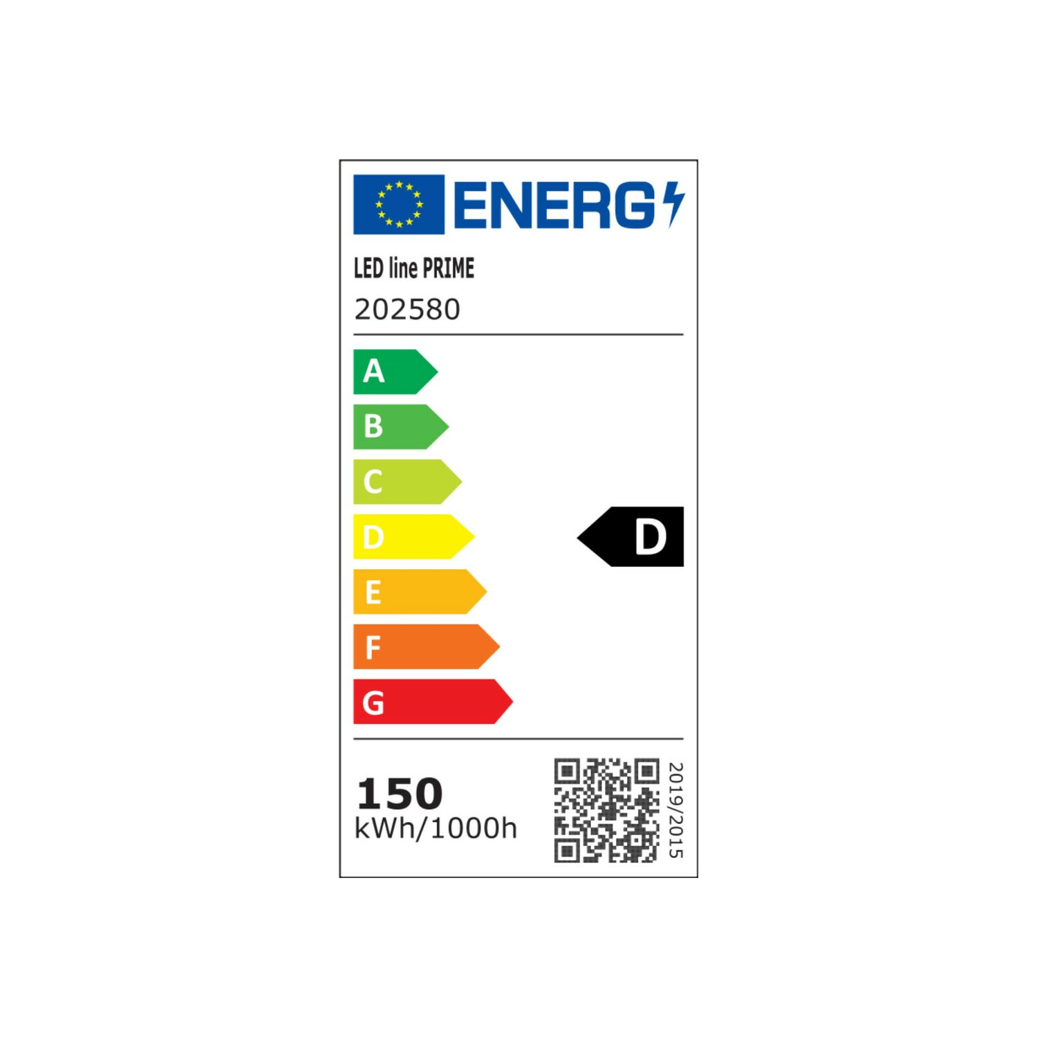 Energielabel für eine LED Line Prime Glühbirne, das die Energieeffizienzklasse D zeigt.