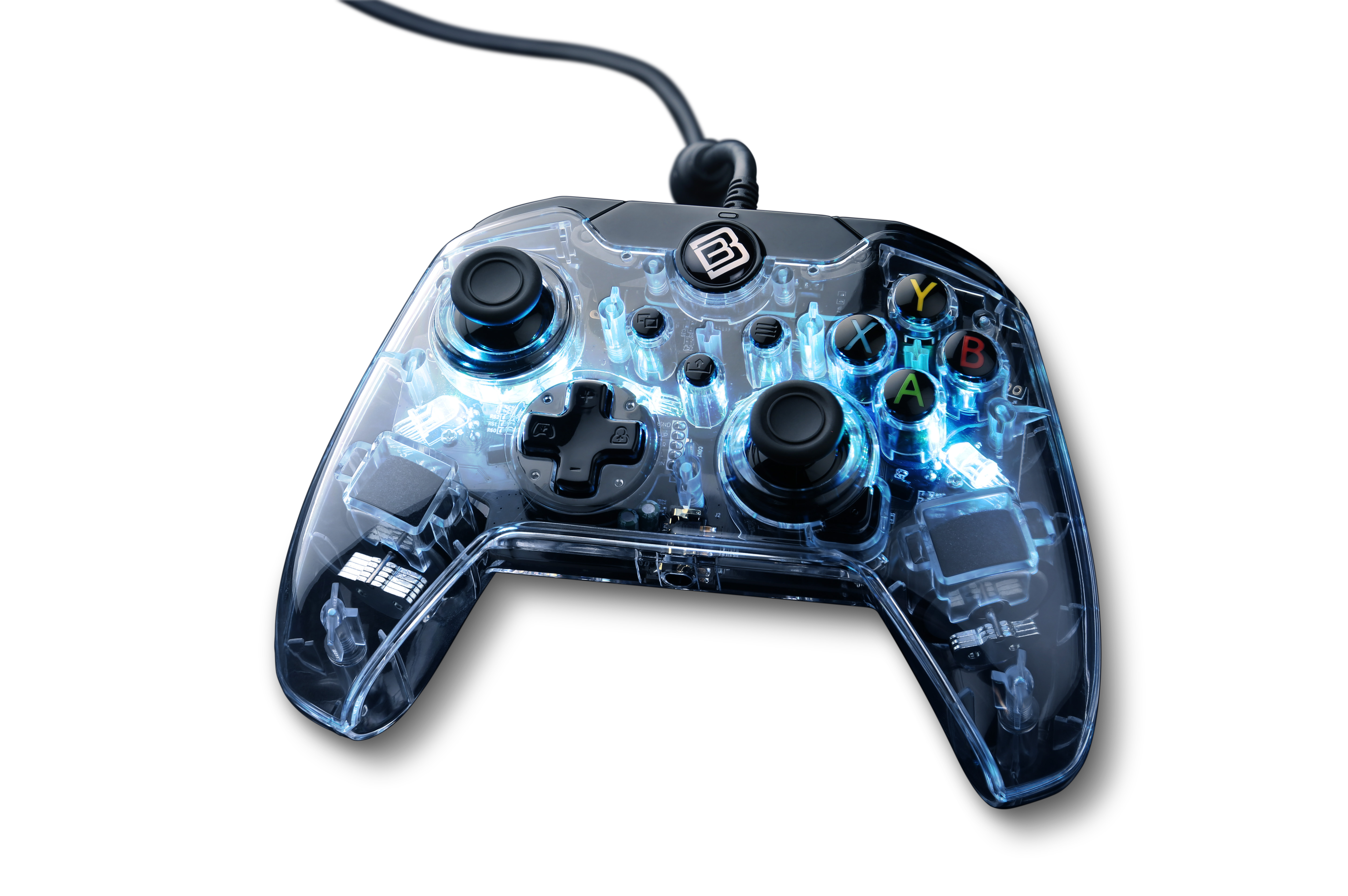 Transparenter Controller mit sichtbaren Innenteilen, schwarzen Knöpfen und Steuerkreuz. Schwarzes Kabel.