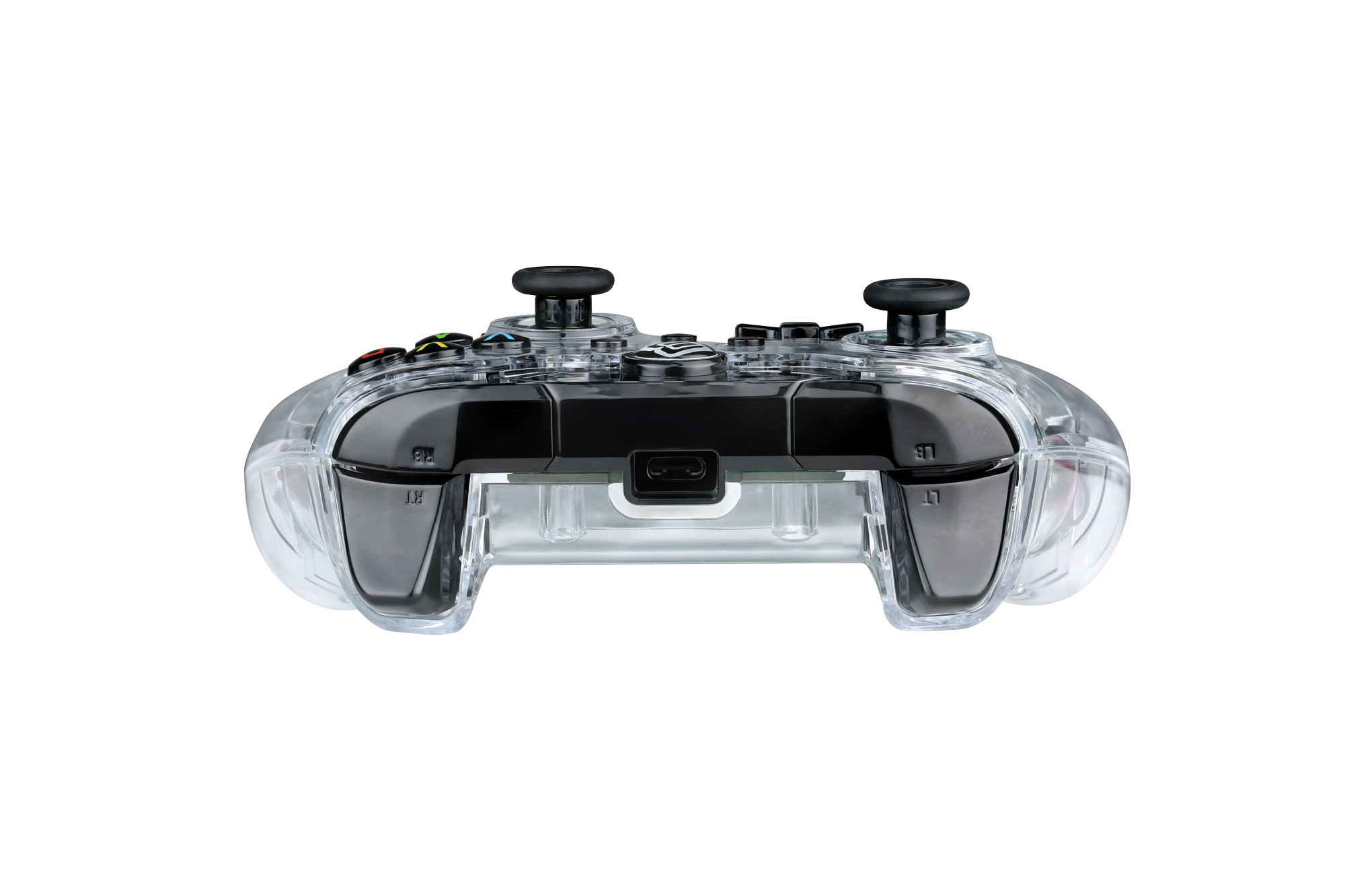 Transparenter Game-Controller. Schwarze Knöpfe und Sticks. Transparente Hülle.
