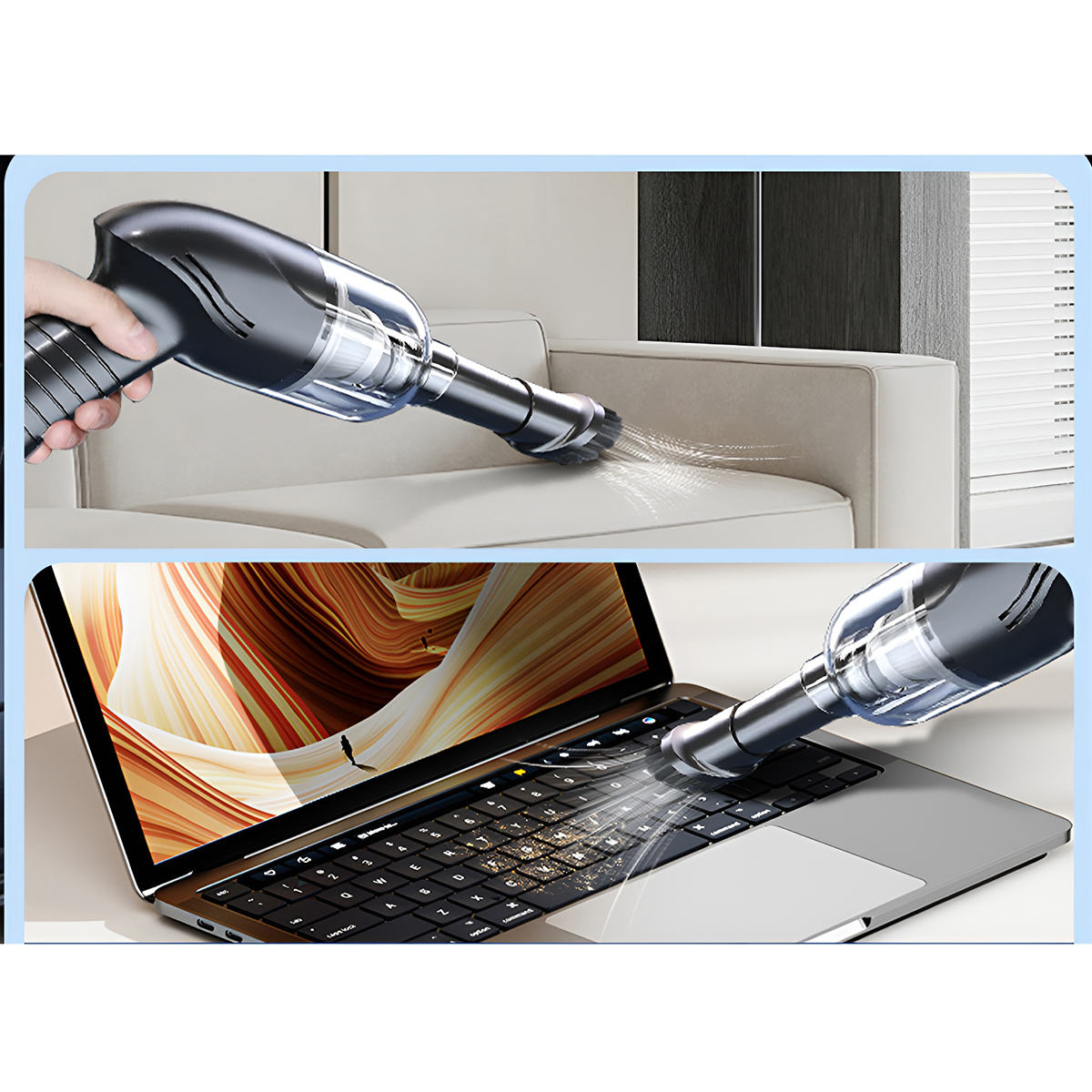 Ein Handstaubsauger wird auf einem Sofa und einer Laptop-Tastatur verwendet. Der Staubsauger ist schwarz.