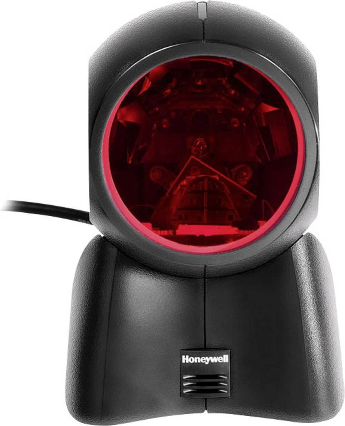 Scanner di codici a barre Honeywell nero. Luce rossa visibile all'interno dello scanner. Base nera.