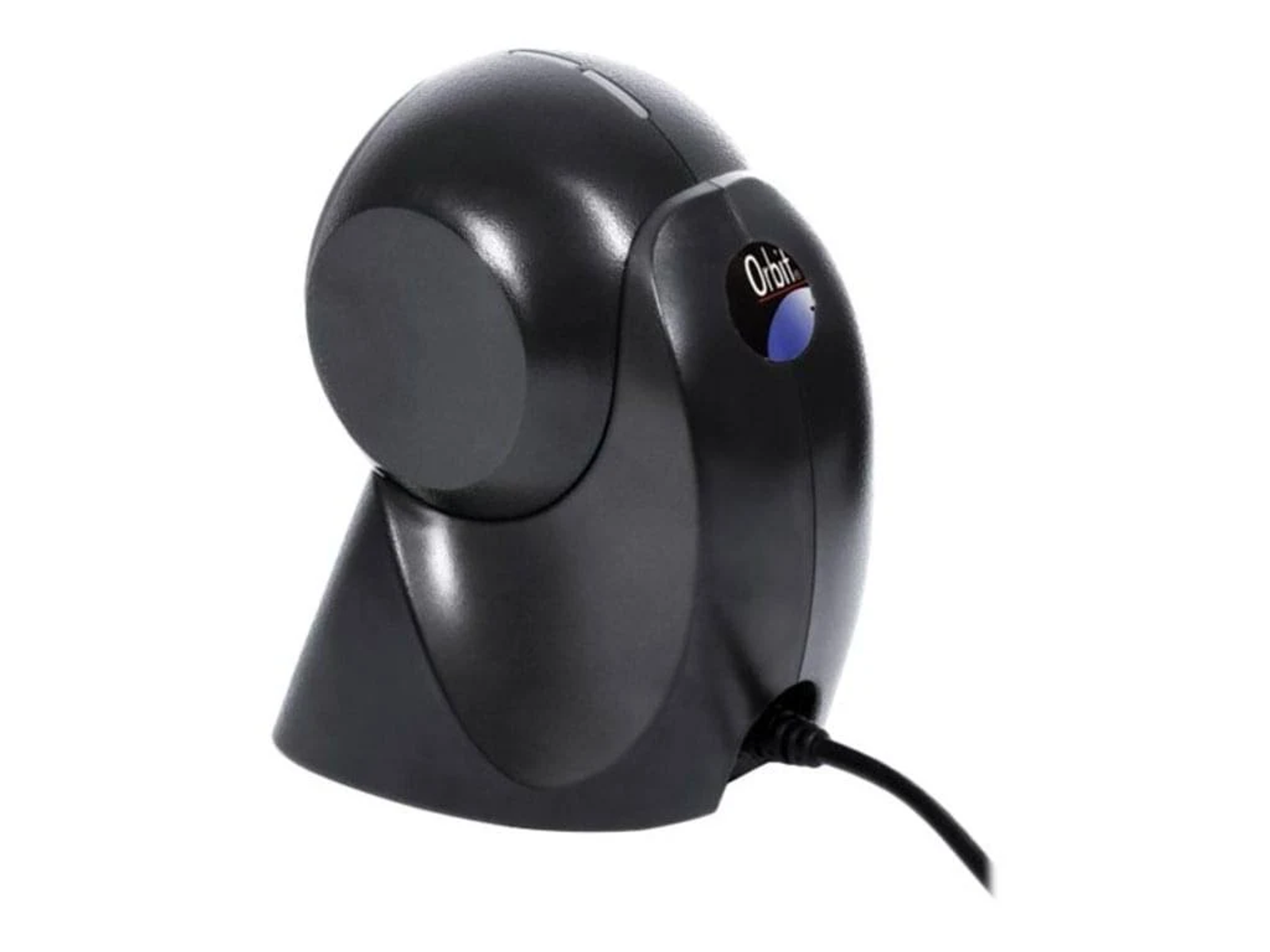 Scanner di codici a barre Orbit nero, angolato, su bianco. Presenta un pulsante blu.
