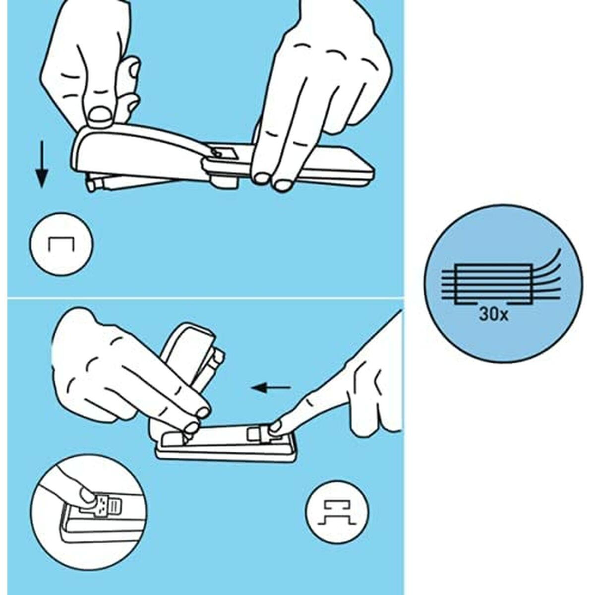 Diagramm zur Verwendung des Hefters. Hände zeigen das Heften von Papier. Eine Heftklammer-Ansammlung.