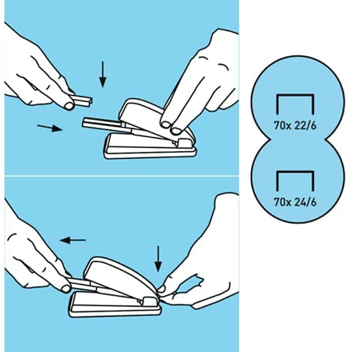 Anweisungen zur Verwendung eines Hefters. Zwei Bilder zeigen, wie man Heftklammern in einen Hefter einlegt. Blaue Kreise.