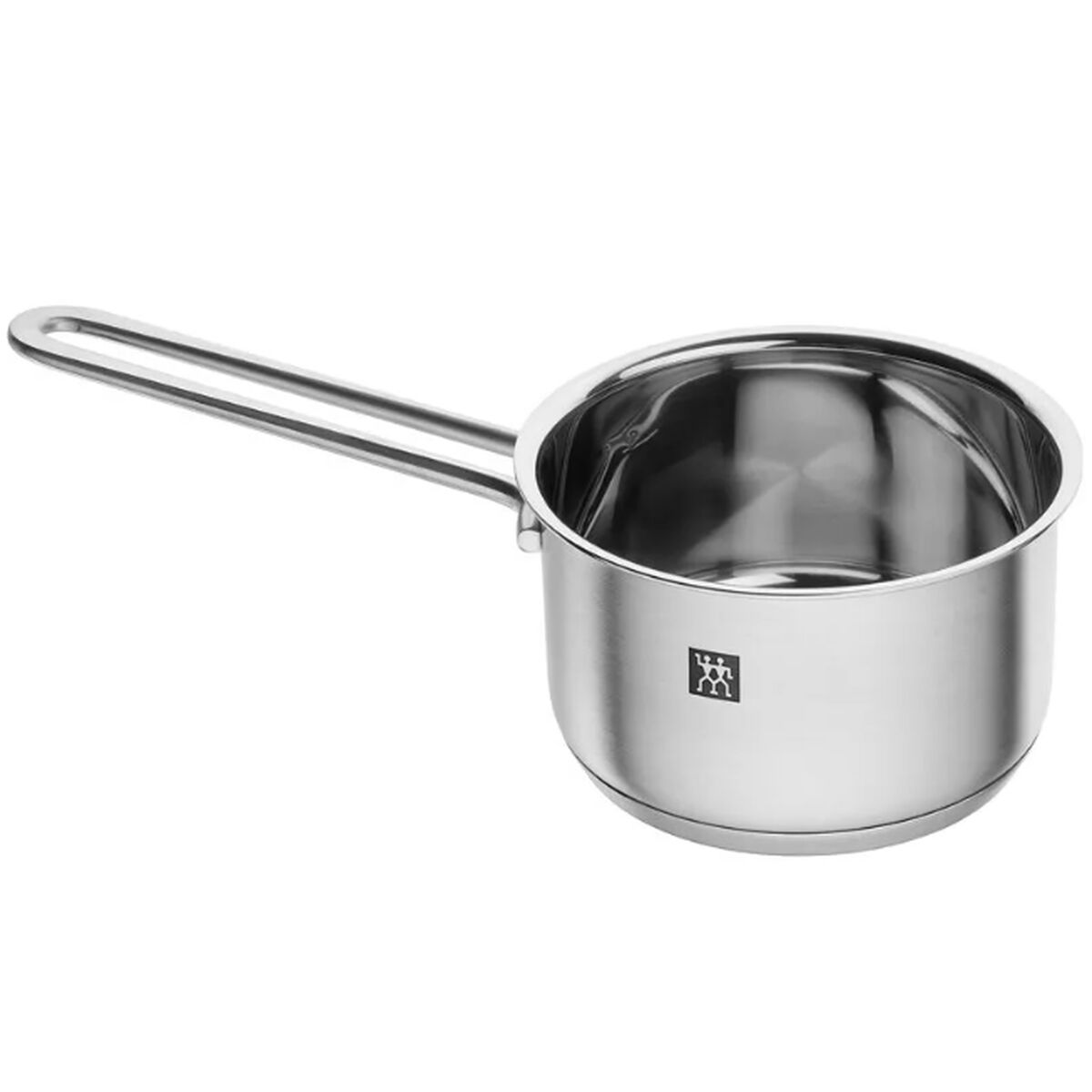 Glänzender Edelstahl-Kochtopf mit langem Griff.