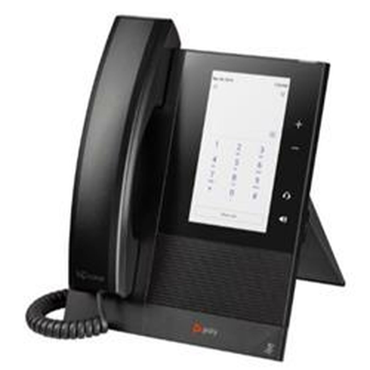 Ein schwarzes Bürotelefon mit Digitalanzeige und Hörer. Es steht auf einem Ständer.