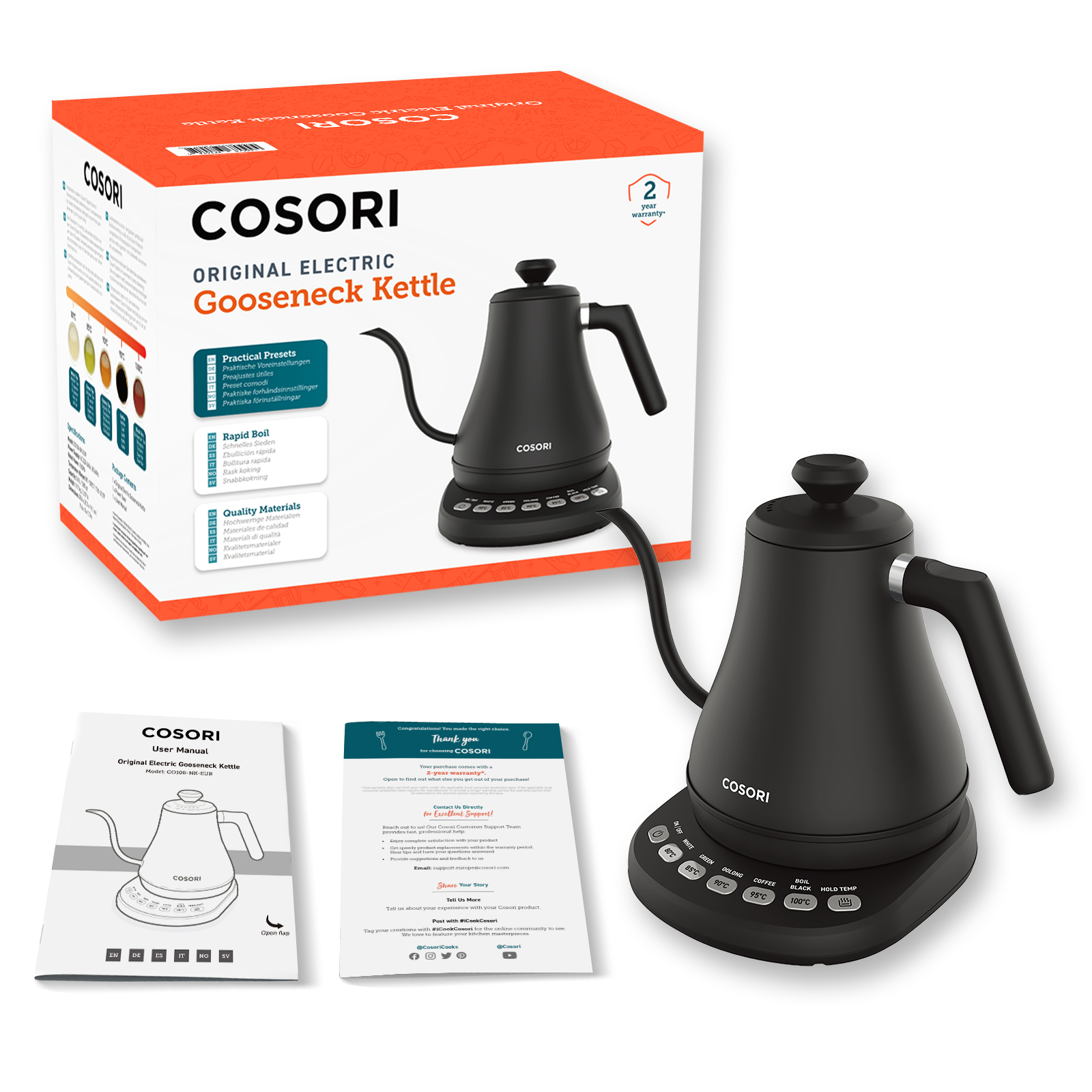 Bollitore elettrico a collo d'oca nero con scatola e istruzioni.