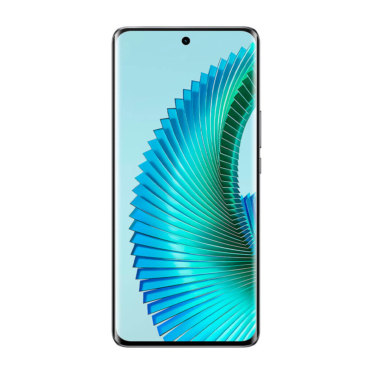 Ein Smartphone mit einem blau-grünen abstrakten Hintergrund, auf weißem Hintergrund dargestellt.