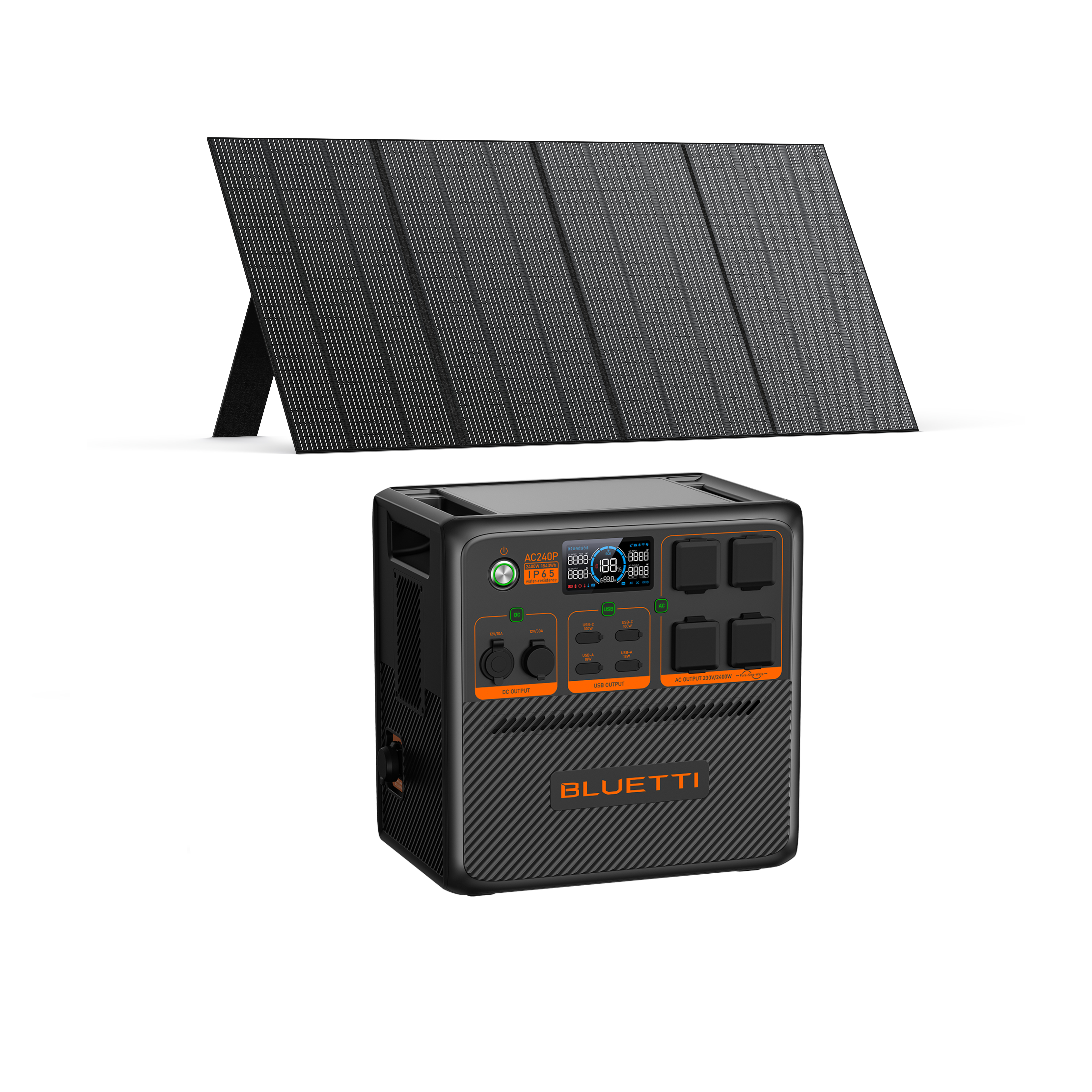 Czarno-pomarańczowa elektrownia z przenośnym panelem słonecznym. Panel słoneczny jest czarny i złożony.