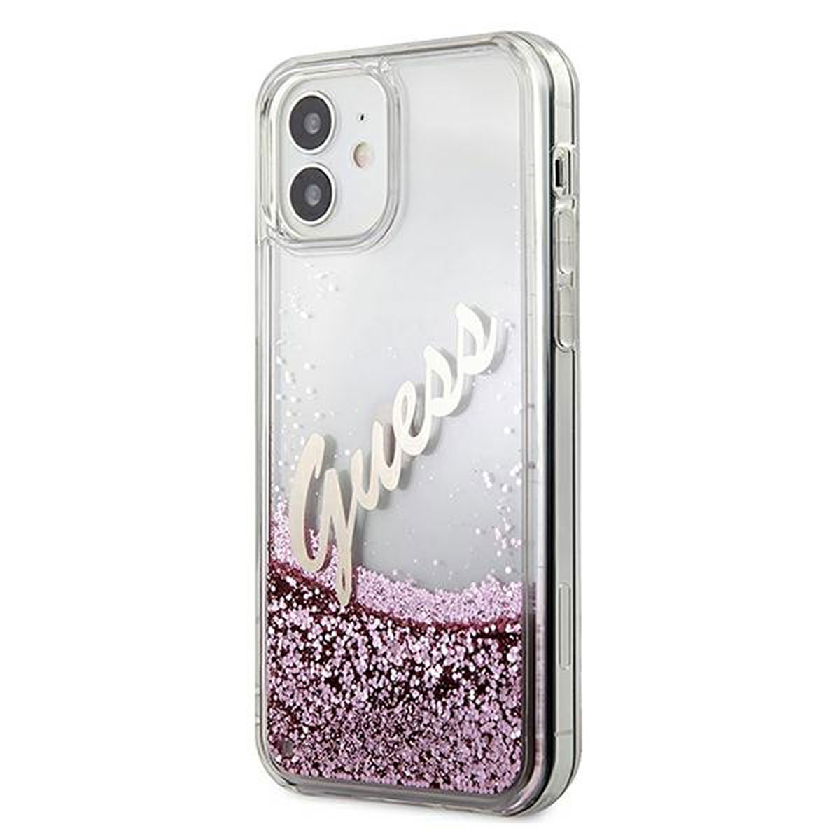 Custodia trasparente con glitter rosa e logo Guess.