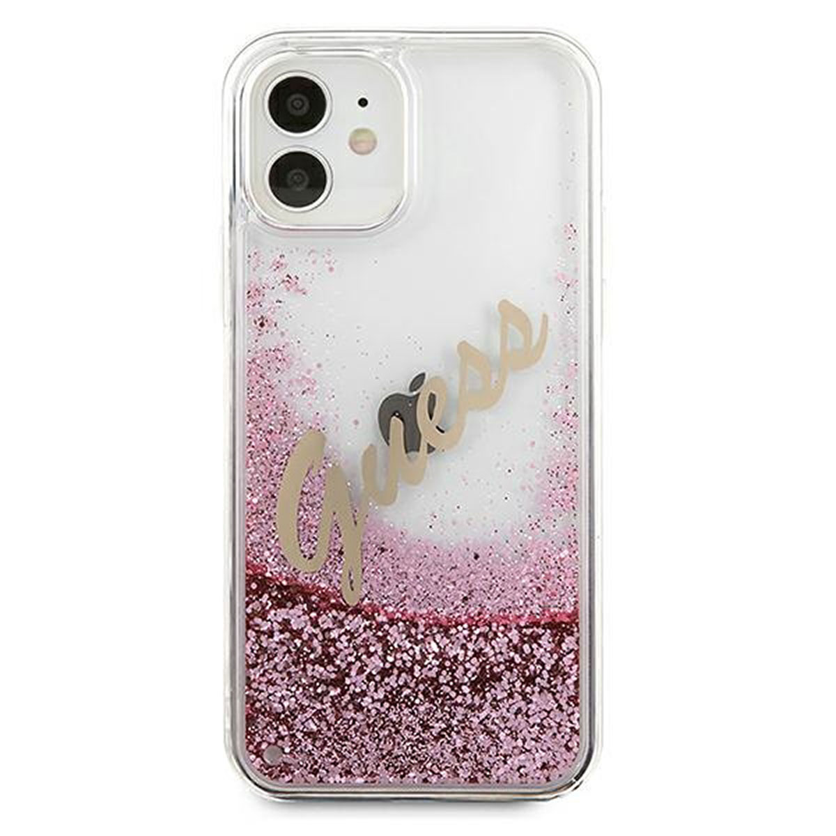 Custodia trasparente con glitter rosa, logo Guess dorato e fotocamera a doppia lente.