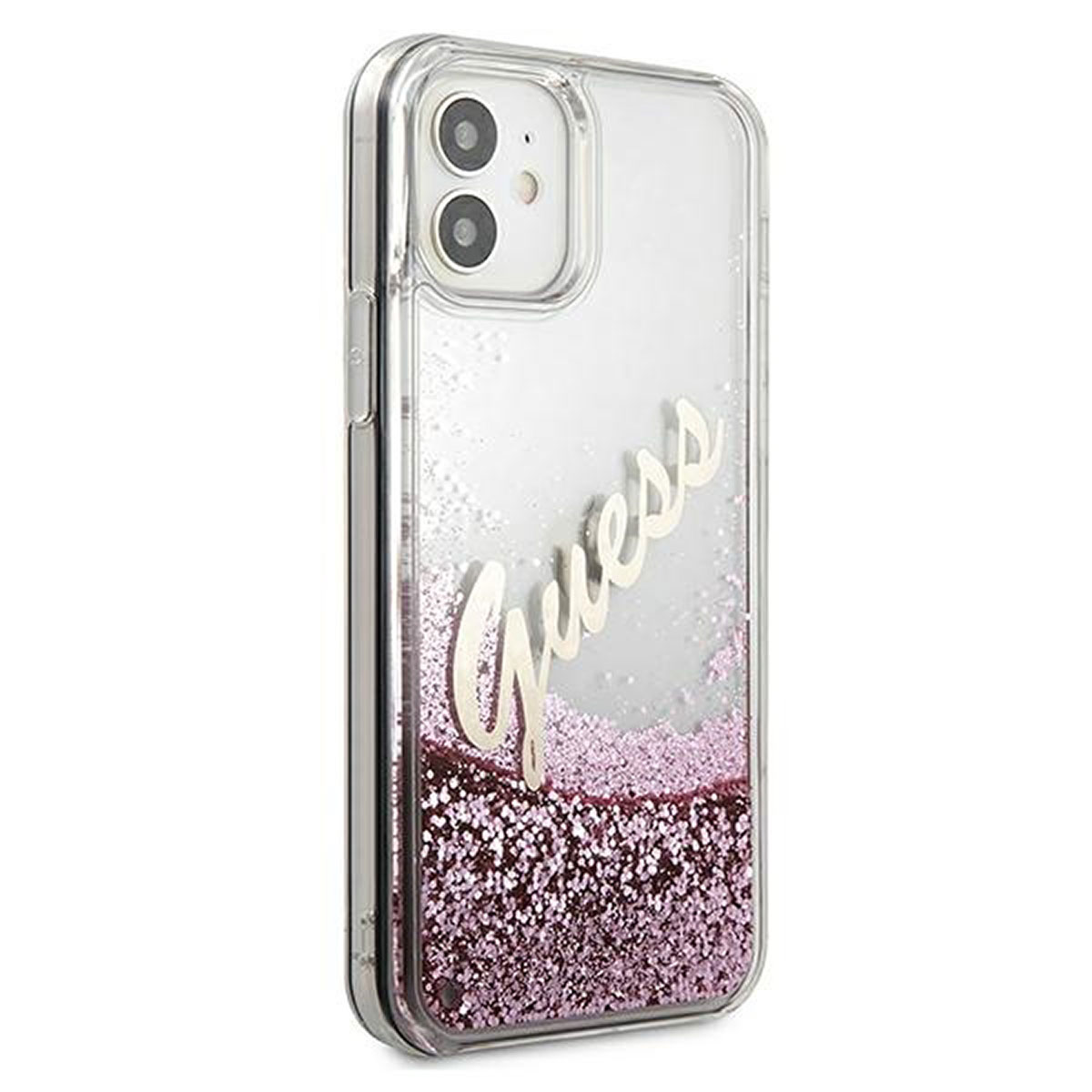 Custodia trasparente per iPhone con glitter e la scritta "Guess". La custodia ha una sezione glitter rosa.