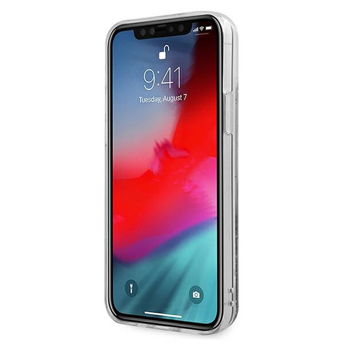 Lo schermo di un iPhone mostra l'ora 9:41 e la data. È in una custodia protettiva trasparente.