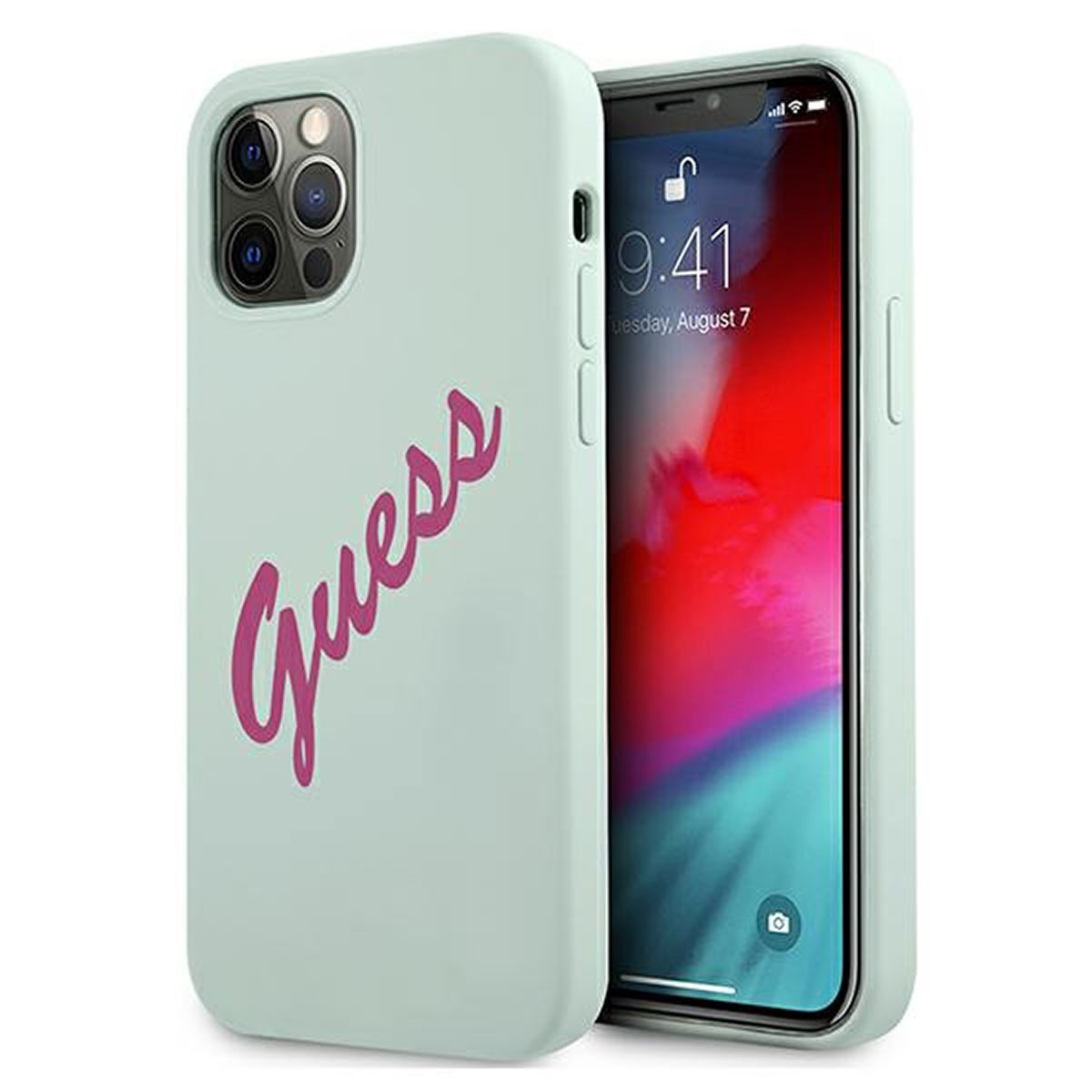 Eine mintgrüne Handyhülle mit pinkfarbenem Guess-Logo und ein iPhone mit farbenfrohem Bildschirm.
