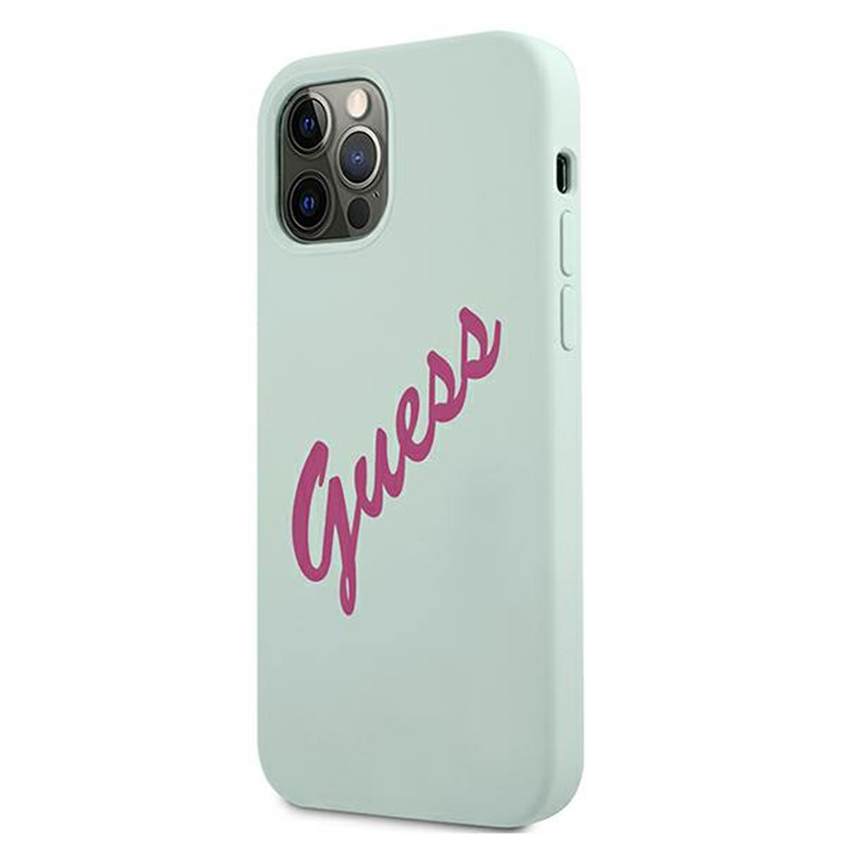 Eine hellgrüne Handyhülle mit dem Wort 'Guess' in rosa Schreibschrift.