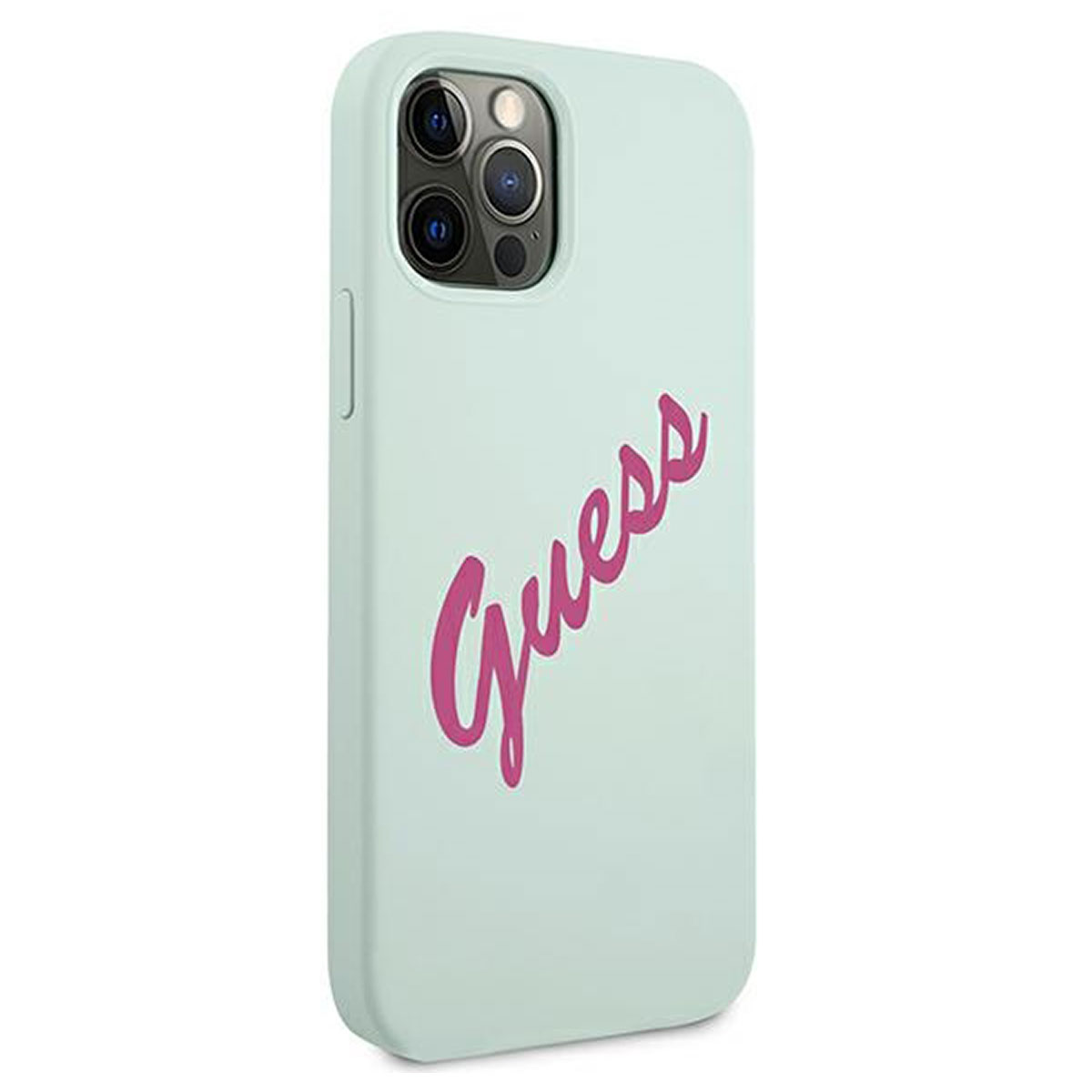 Eine hellblaue Handyhülle mit dem Wort 'Guess' in rosa Schreibschrift. Es ist eine Nahaufnahme auf weißem Hintergrund.