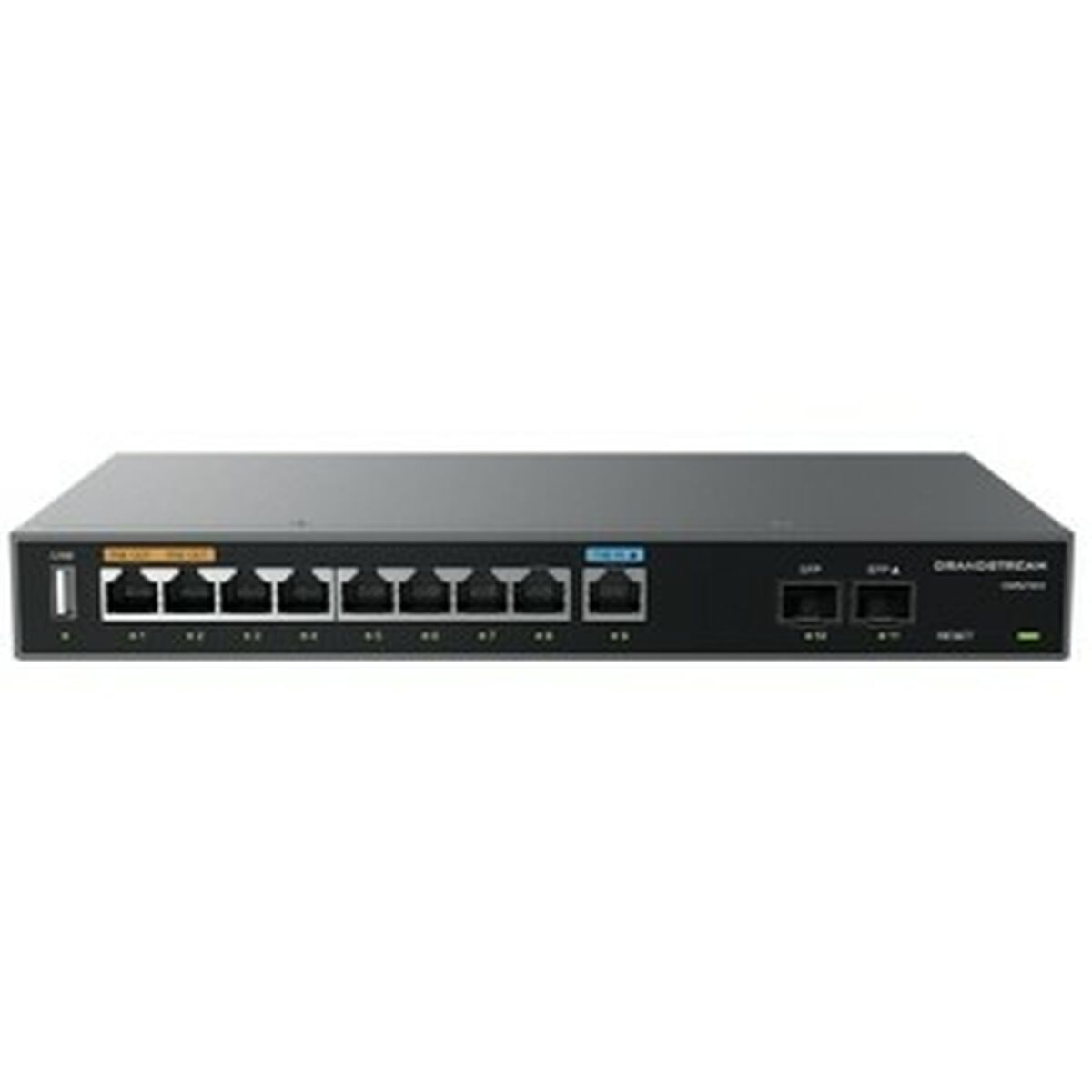 Dispositivo de red Grandstream negro con puertos, botones y puerto USB.