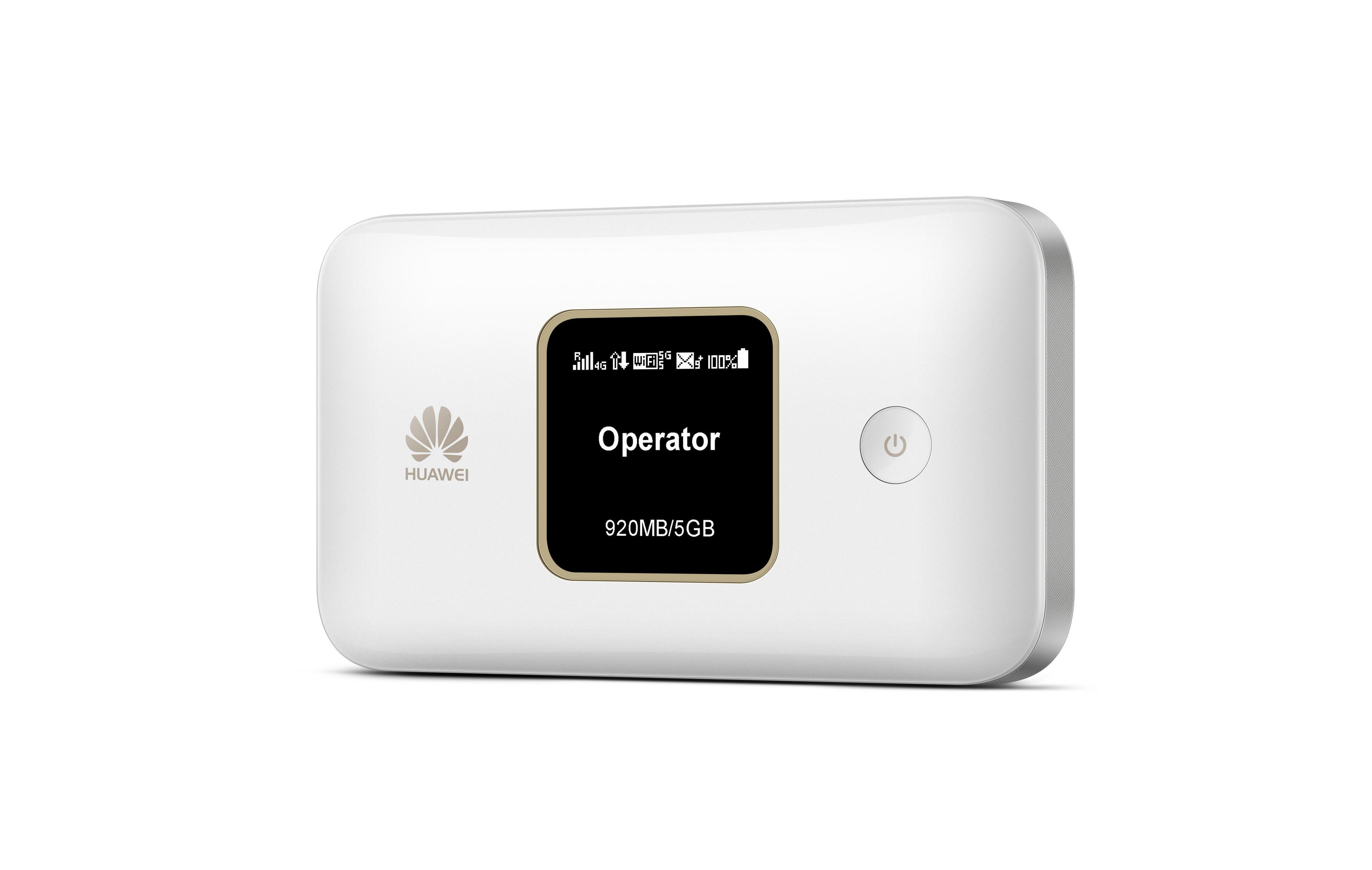 Weißes und graues mobiles WLAN-Gerät von Huawei mit kleinem Bildschirm, Text und Power-Taste.