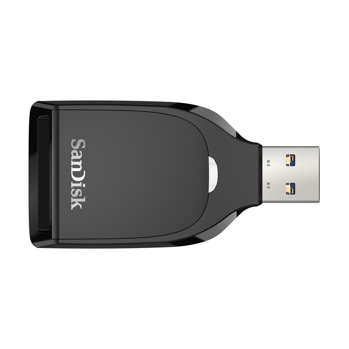 Unidad USB SanDisk negra con puerto USB, vista superior.