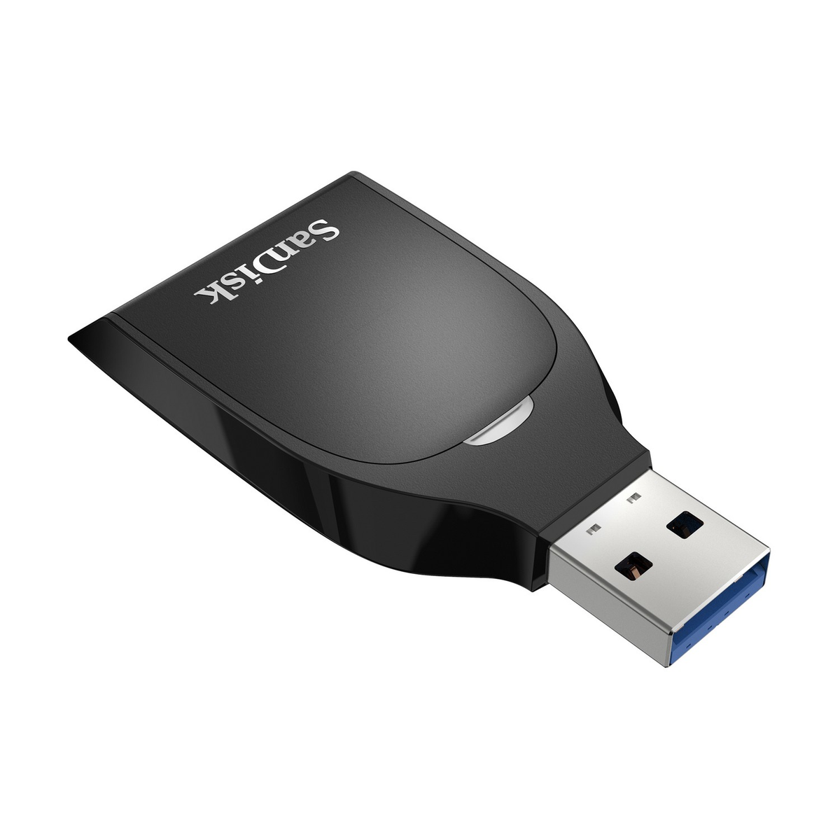Lector de tarjetas USB SanDisk negro, vista en ángulo, con conector USB en el lado derecho.
