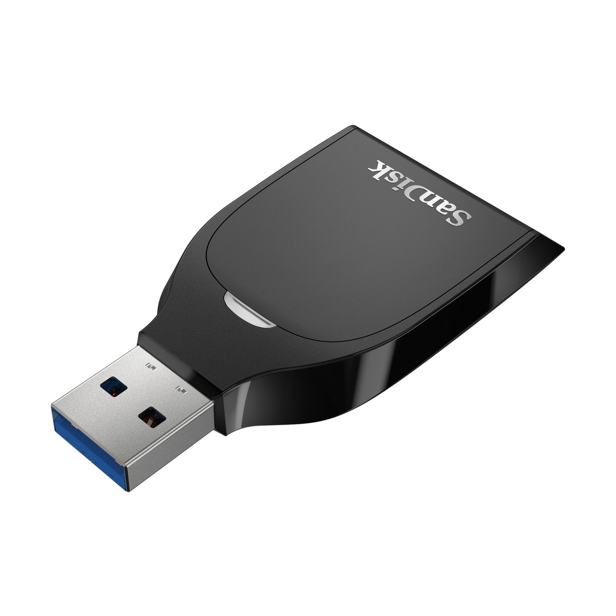 Unidad USB SanDisk negra sobre fondo blanco, vista en ángulo.