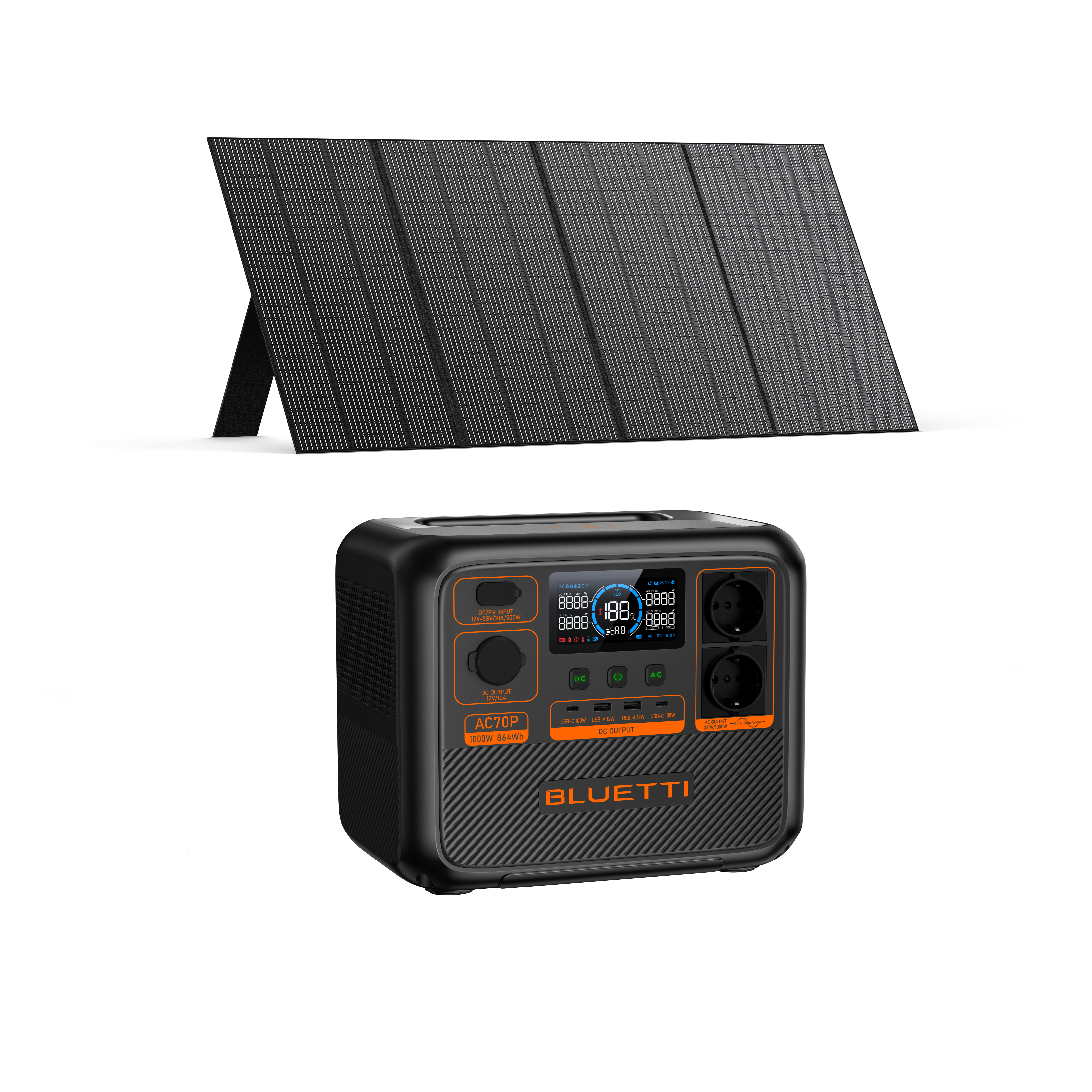 Panel słoneczny i czarno-pomarańczowa elektrownia Bluetti z wyświetlaczem.