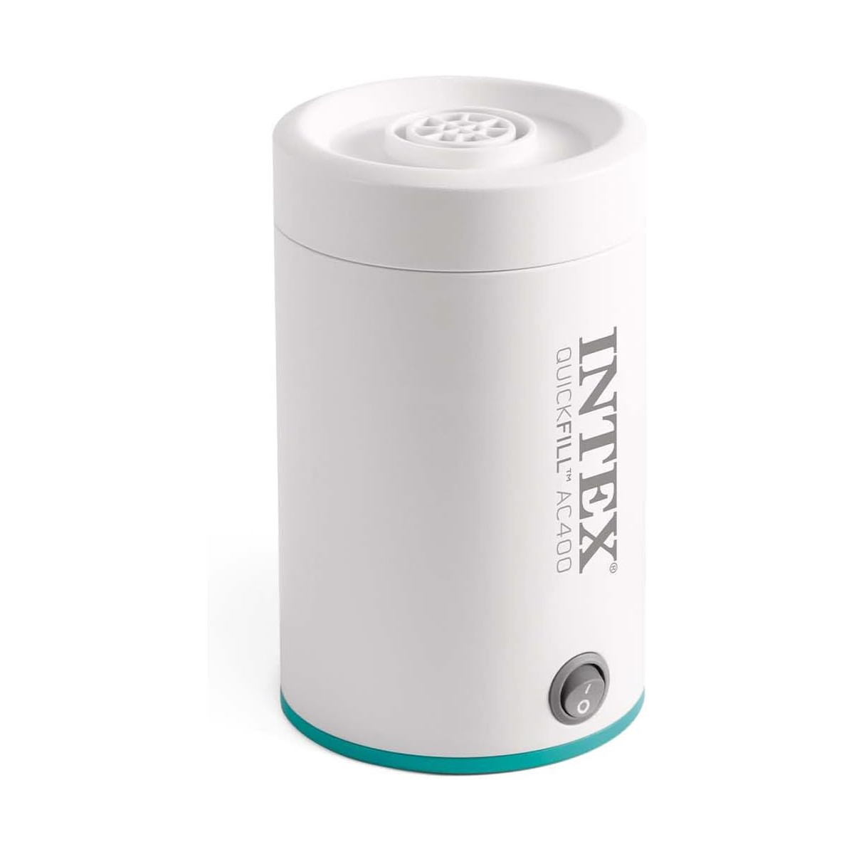 Biała i turkusowa pompa elektryczna INTEXT Quickfill AC400 na białym tle, z przyciskiem zasilania.