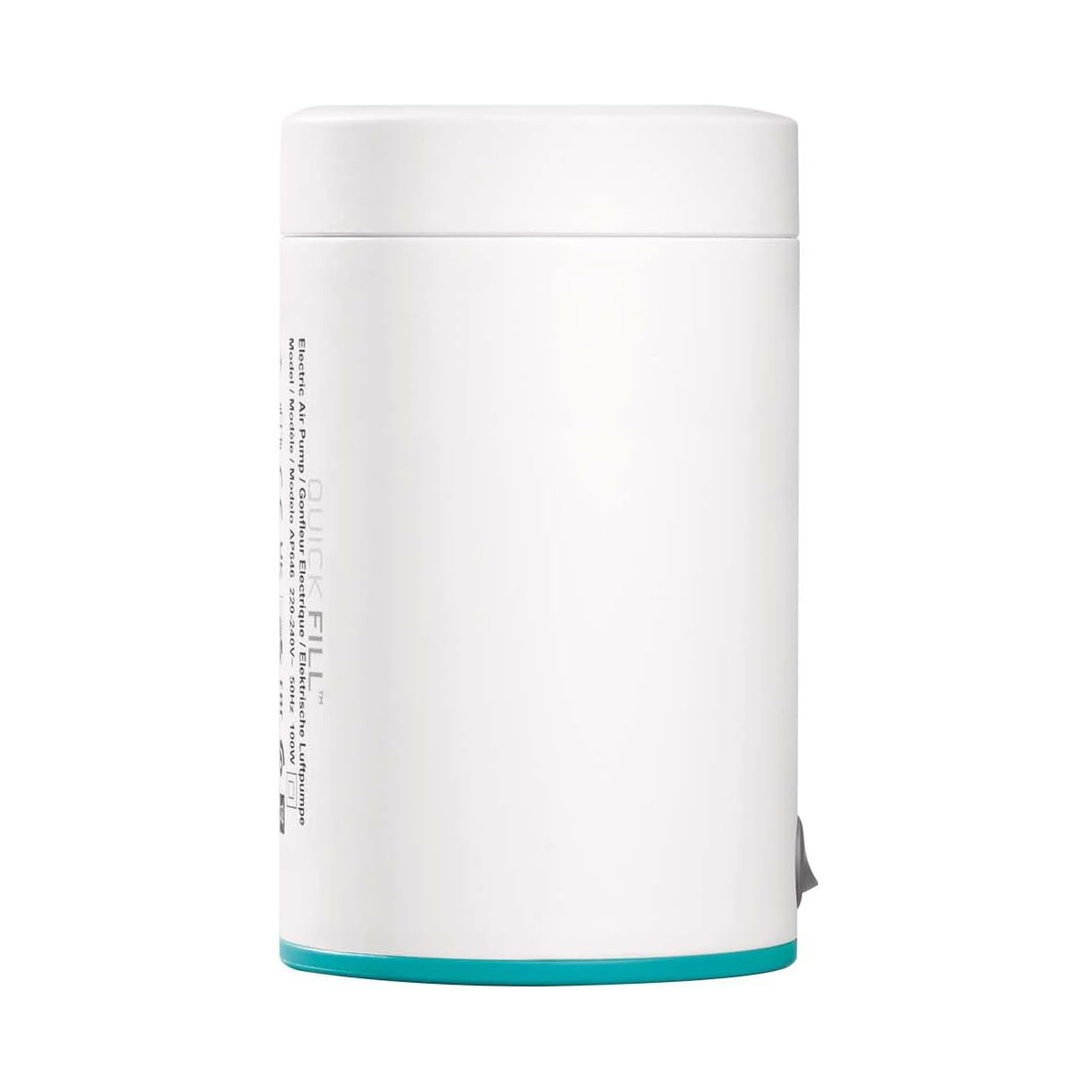 Biała elektryczna pompka powietrza o kształcie cylindra i turkusowej podstawie.