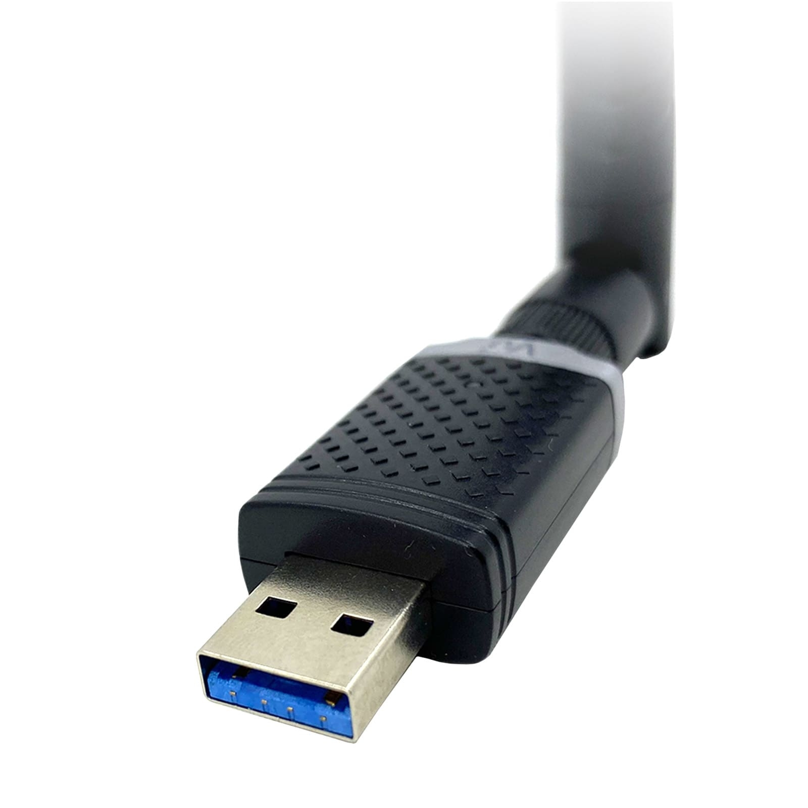 Ein schwarzer USB-WLAN-Adapter mit Antenne. Der USB-Anschluss ist blau.