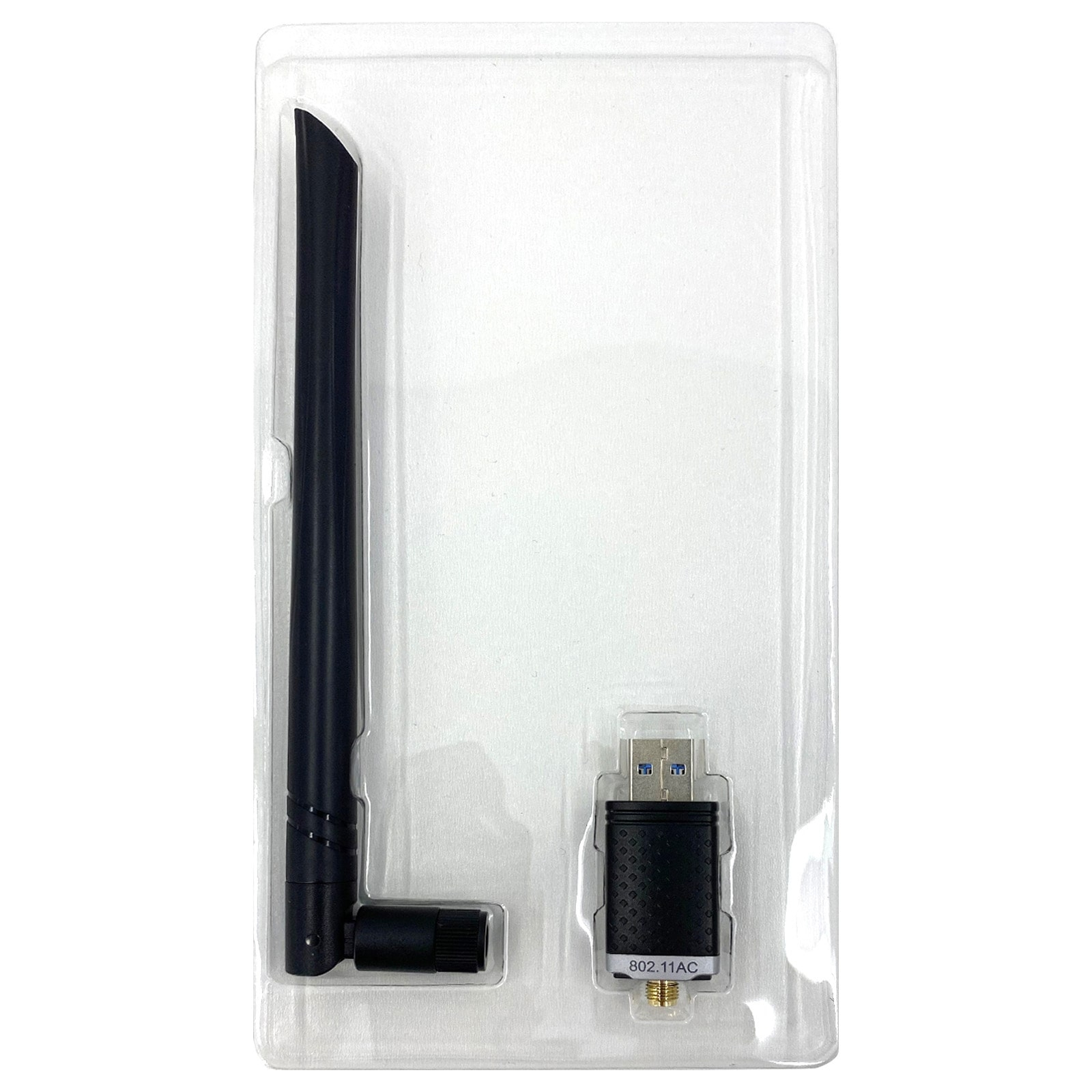 USB-WLAN-Adapter und Antenne in klarer Plastikverpackung, weißer Hintergrund.