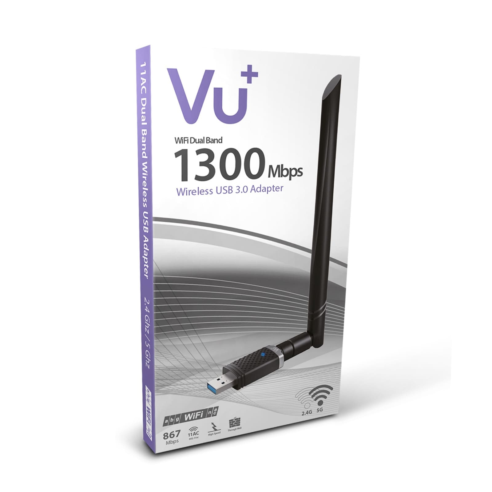 Ein weiß-schwarzer drahtloser USB-Adapter mit schwarzer Antenne, in einer weißen Box.