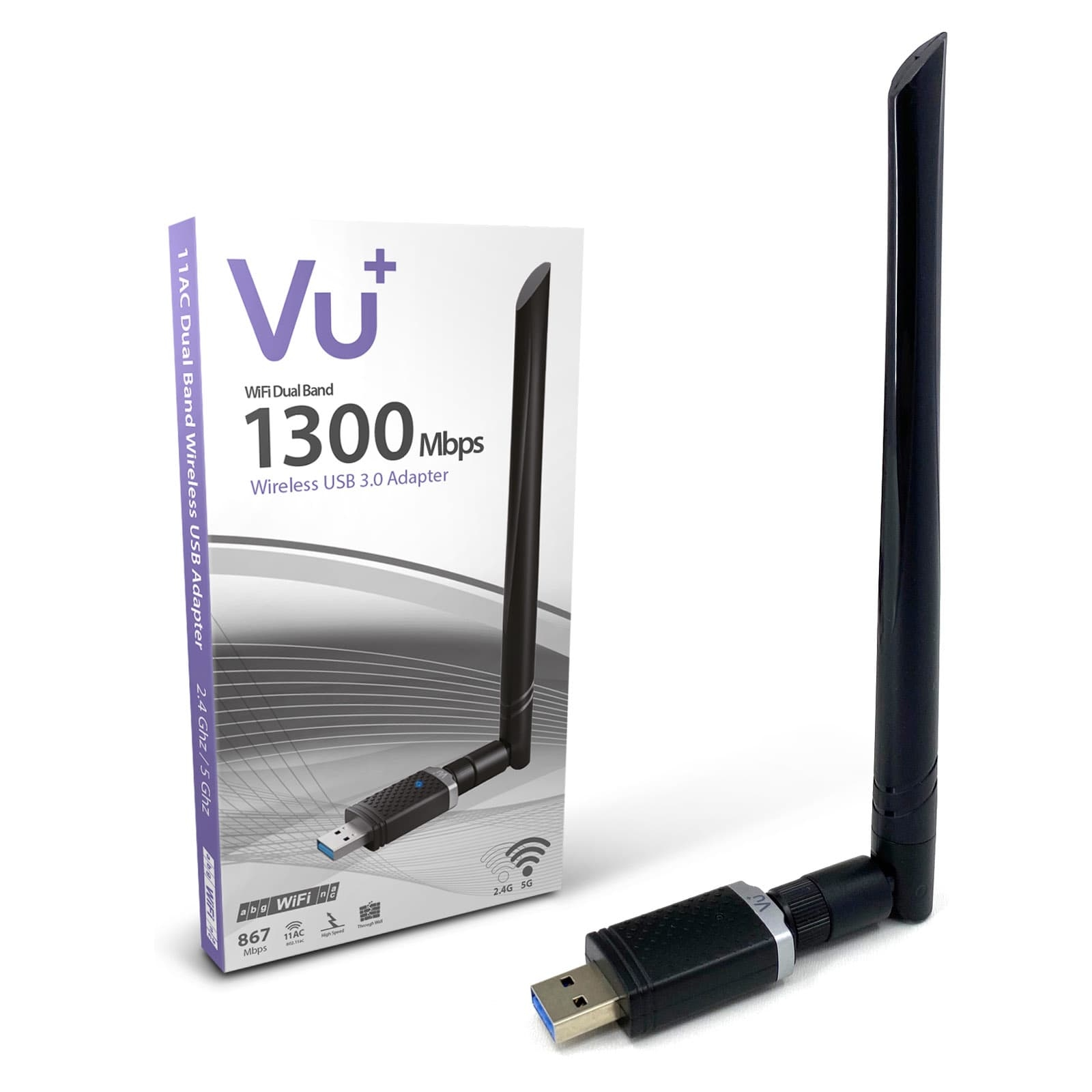 Weißer und schwarzer USB-WLAN-Adapter mit Antenne in einer Box.