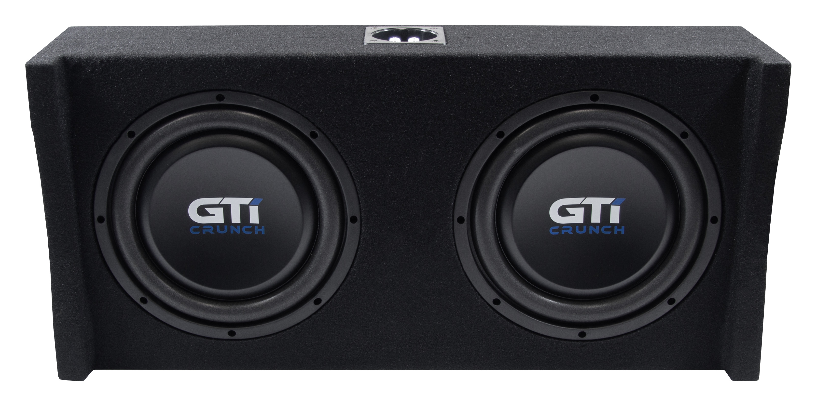 Schwarzer Auto-Subwoofer mit zwei Lautsprechern und dem Markennamen GTI CRUNCH.