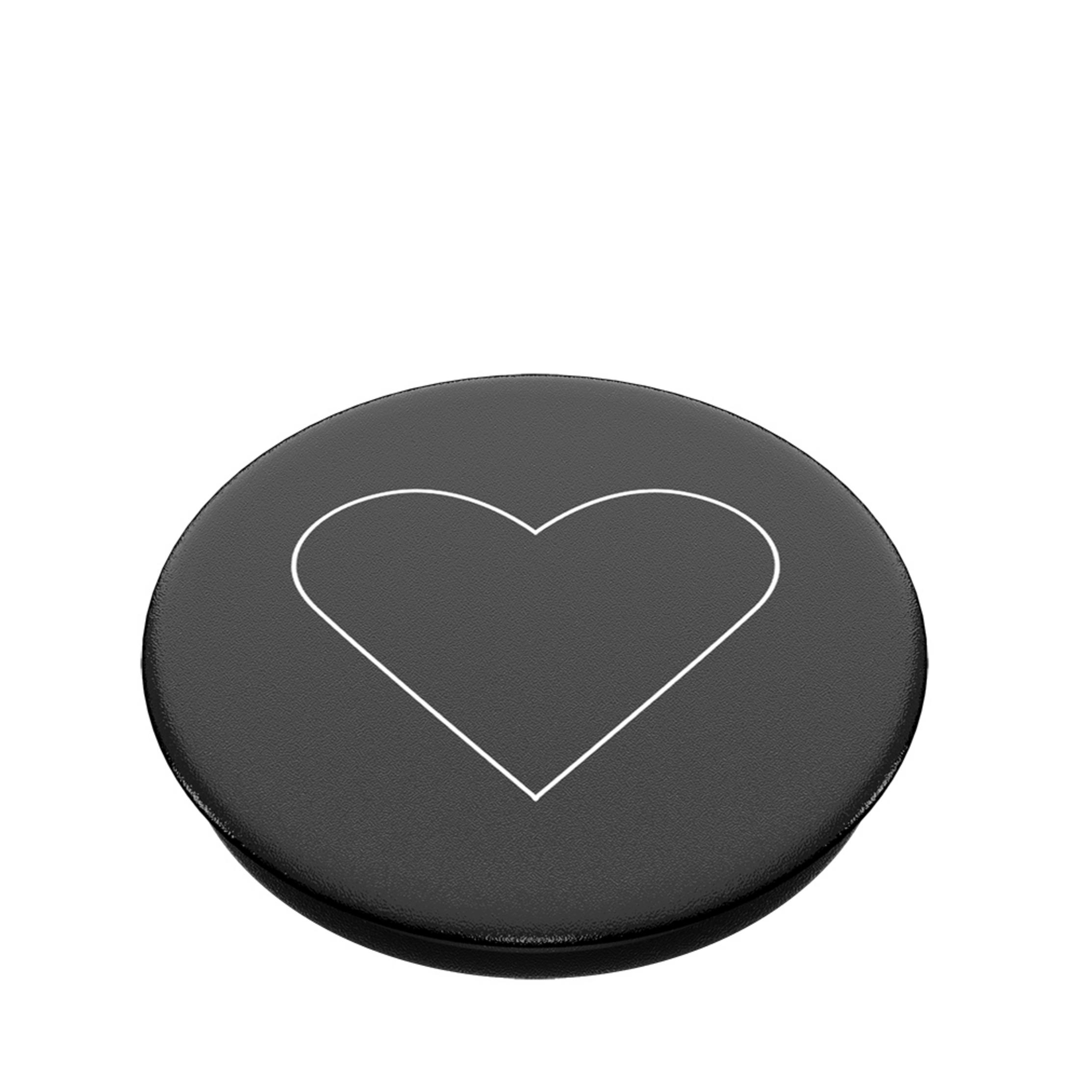 Schwarzes PopSocket mit weißer Herzumrandung. Rund und einfach, vor weißem Hintergrund.