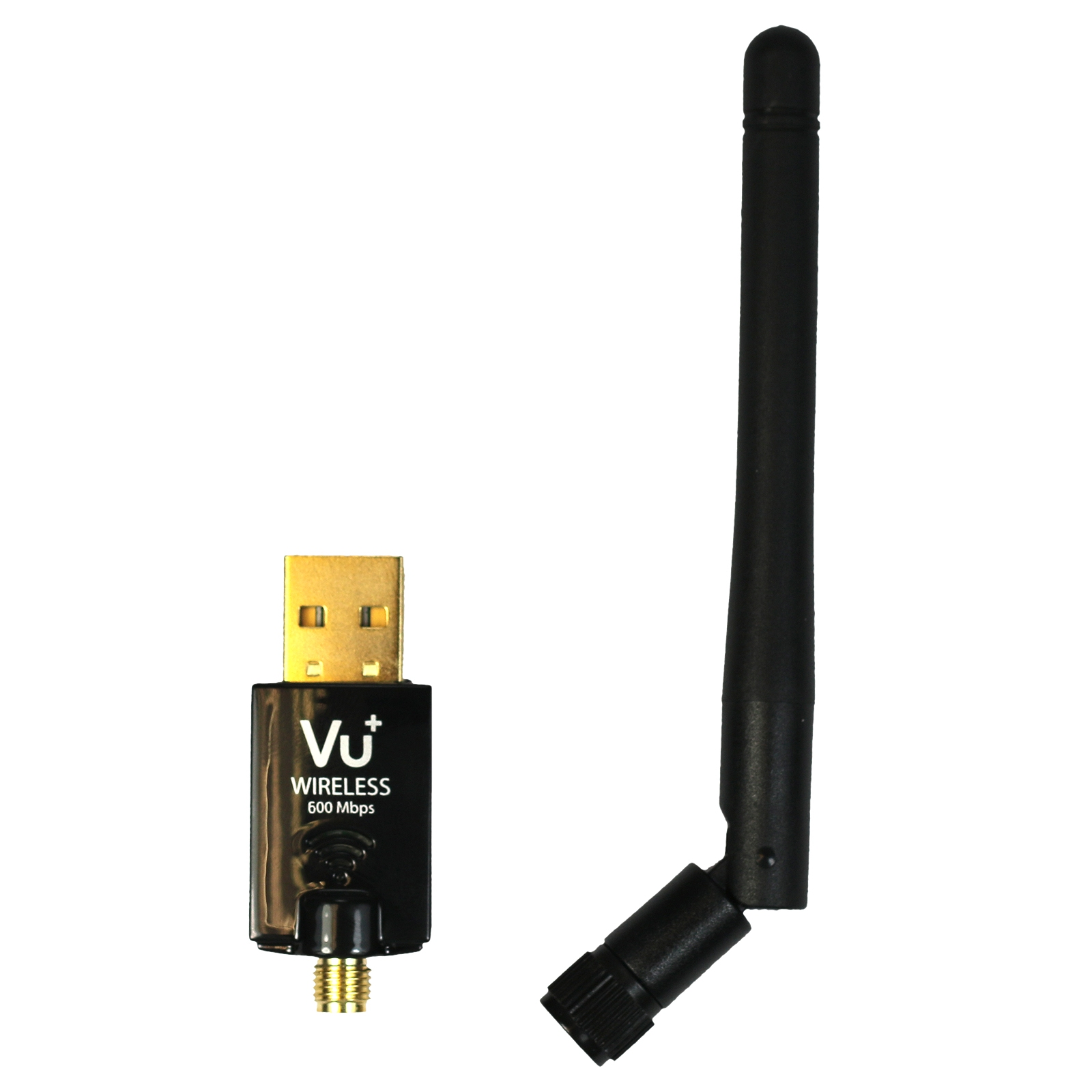 Un adattatore wireless USB nero con antenna.