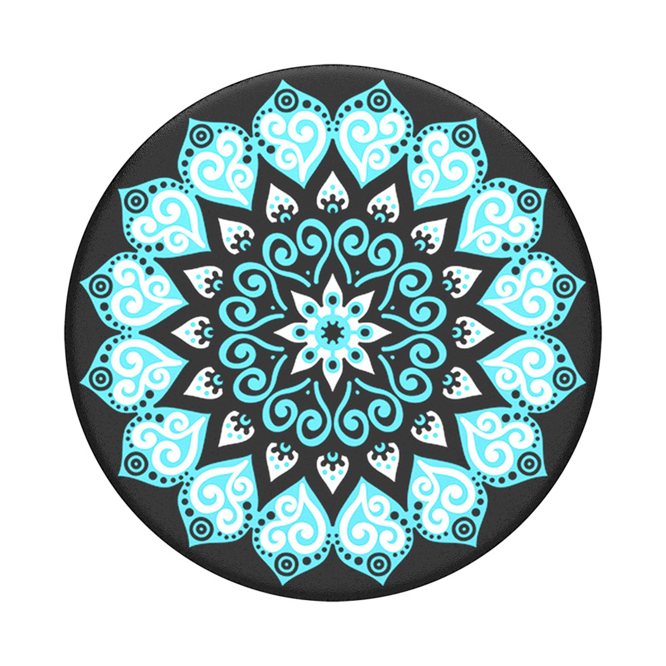 Ein schwarzer runder Pop-Socket mit einem türkisfarbenen und weißen floralen Mandala-Design.
