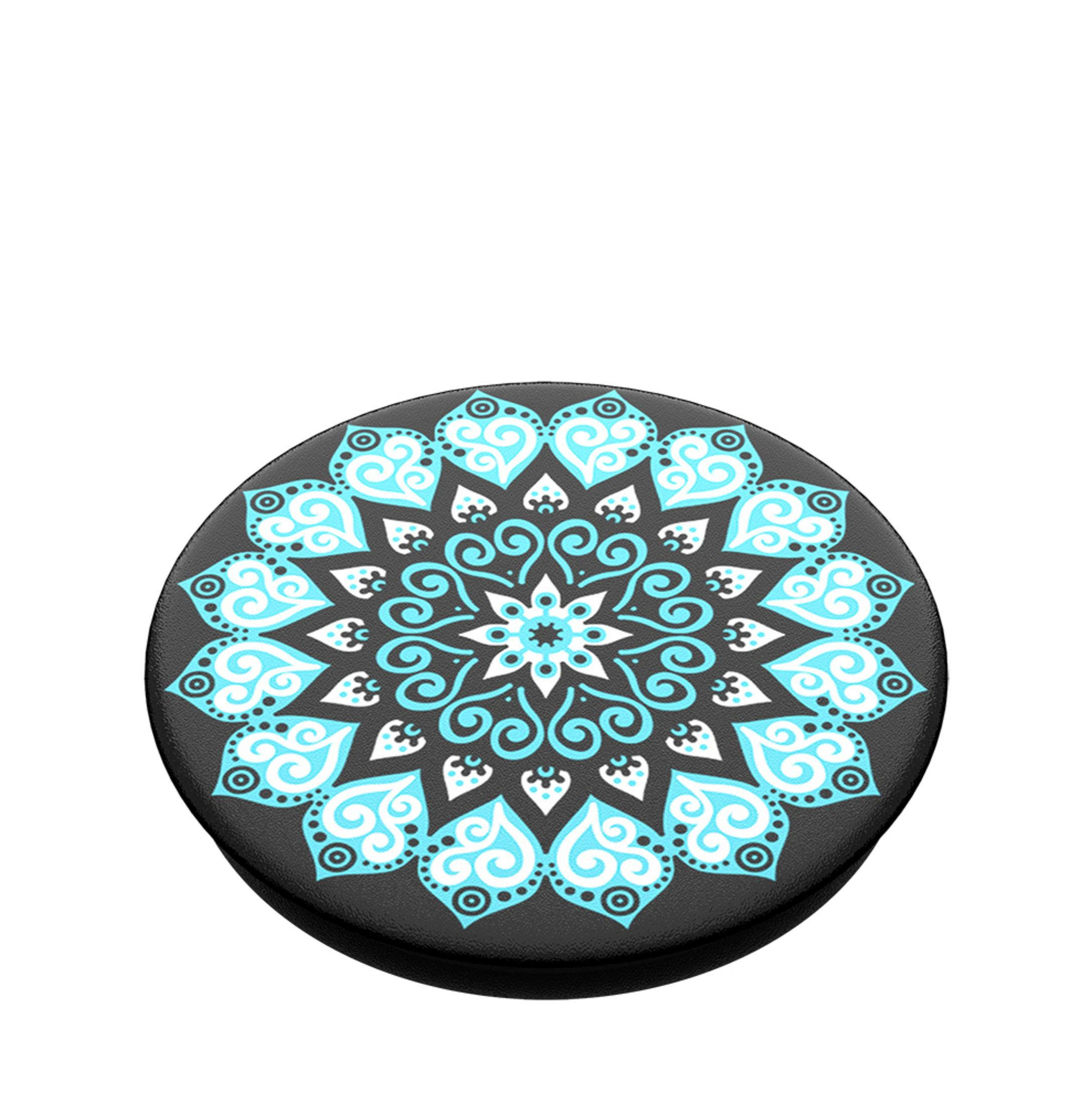 Schwarzer PopSocket mit blauem und weißem Blumenmuster. Das Design ist kreisförmig und symmetrisch.