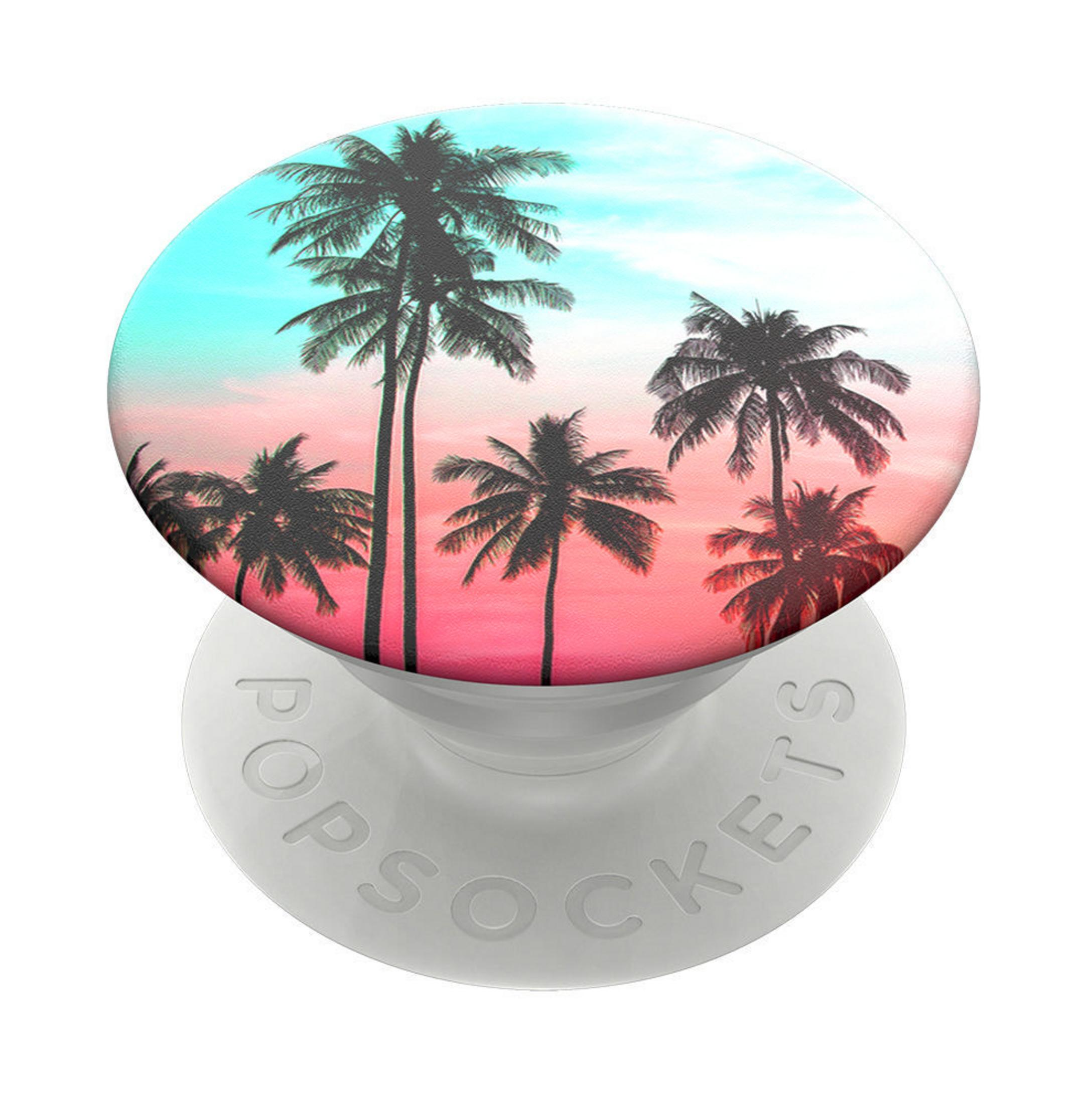 Ein runder PopSockets mit Palmen auf einem Sonnenuntergangshintergrund. Es ist auf weißem Hintergrund.