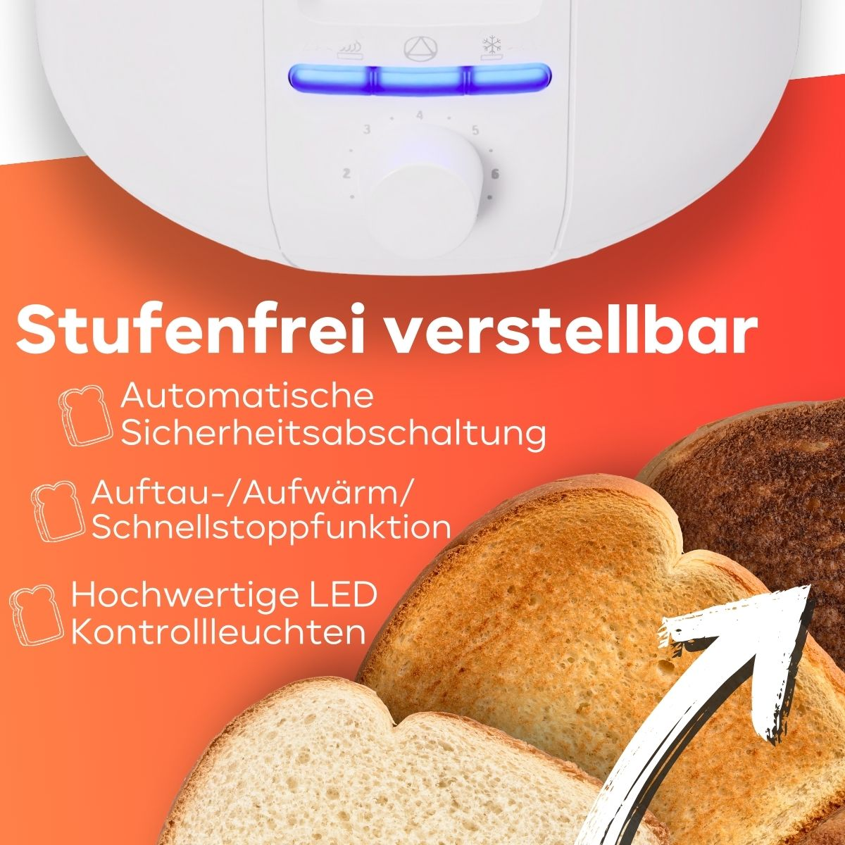 Nahaufnahme eines Toaster-Bedienfelds. Text hebt Funktionen wie Abschaltautomatik und Auftaufunktion hervor.