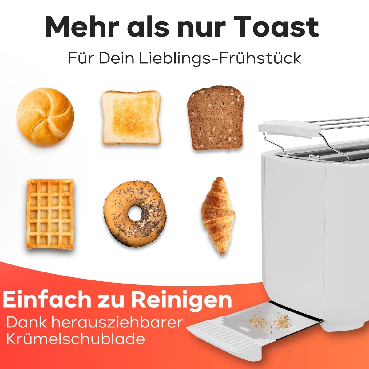 Ein weißer Toaster mit verschiedenen Toastsorten und Text.