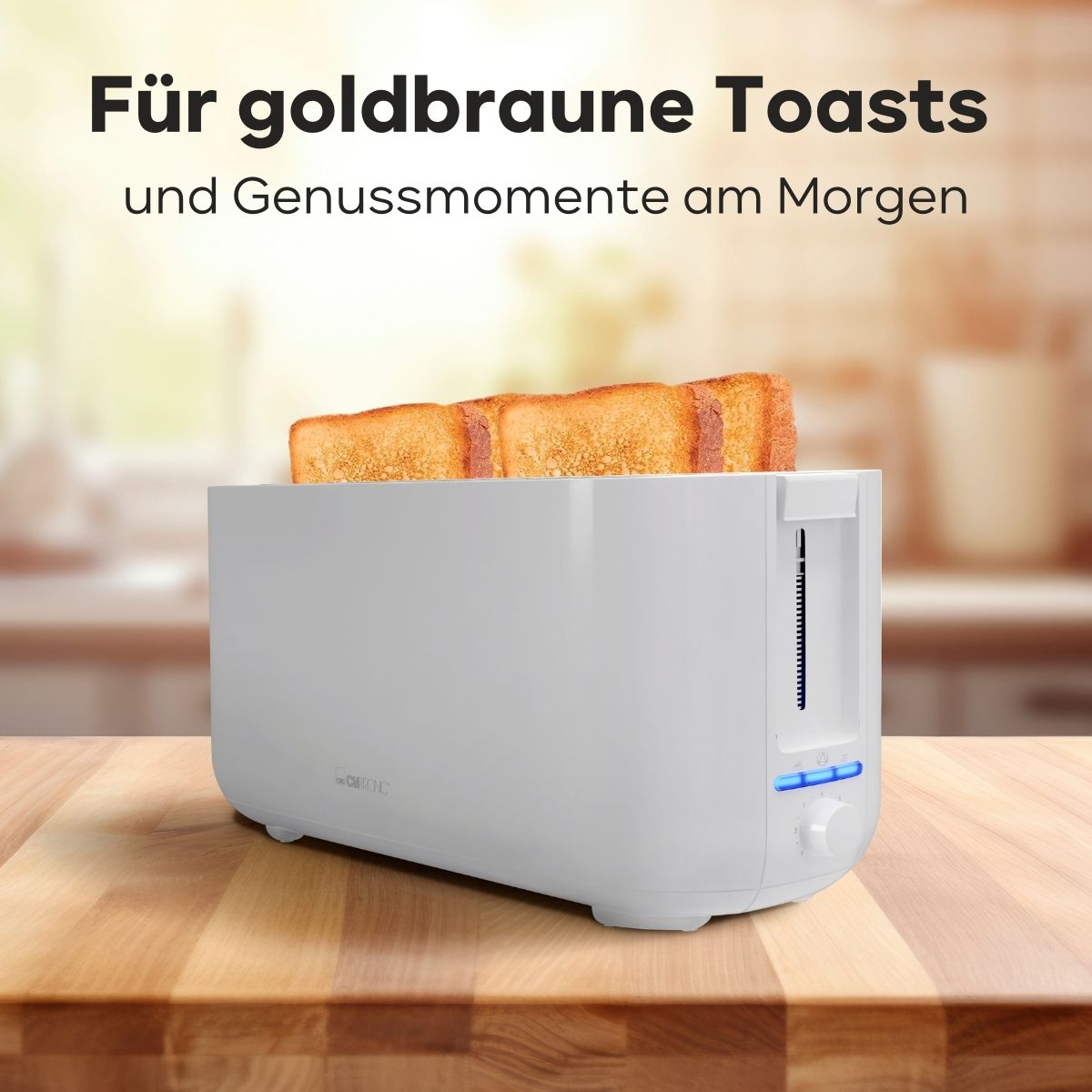Weißer Toaster mit getoastetem Brot. Text: Für goldbraune Toasts und Genussmomente am Morgen.