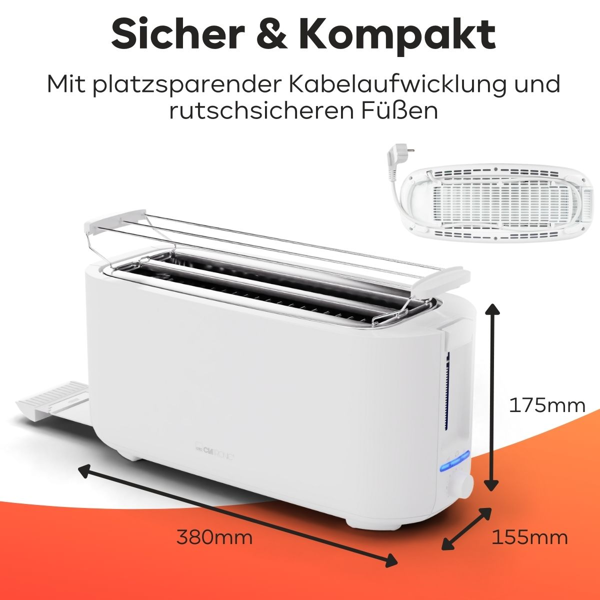 Weißer Toaster mit markierten Abmessungen. Text lautet 'Sicher & Kompakt' und weitere Details. Weißer Hintergrund.
