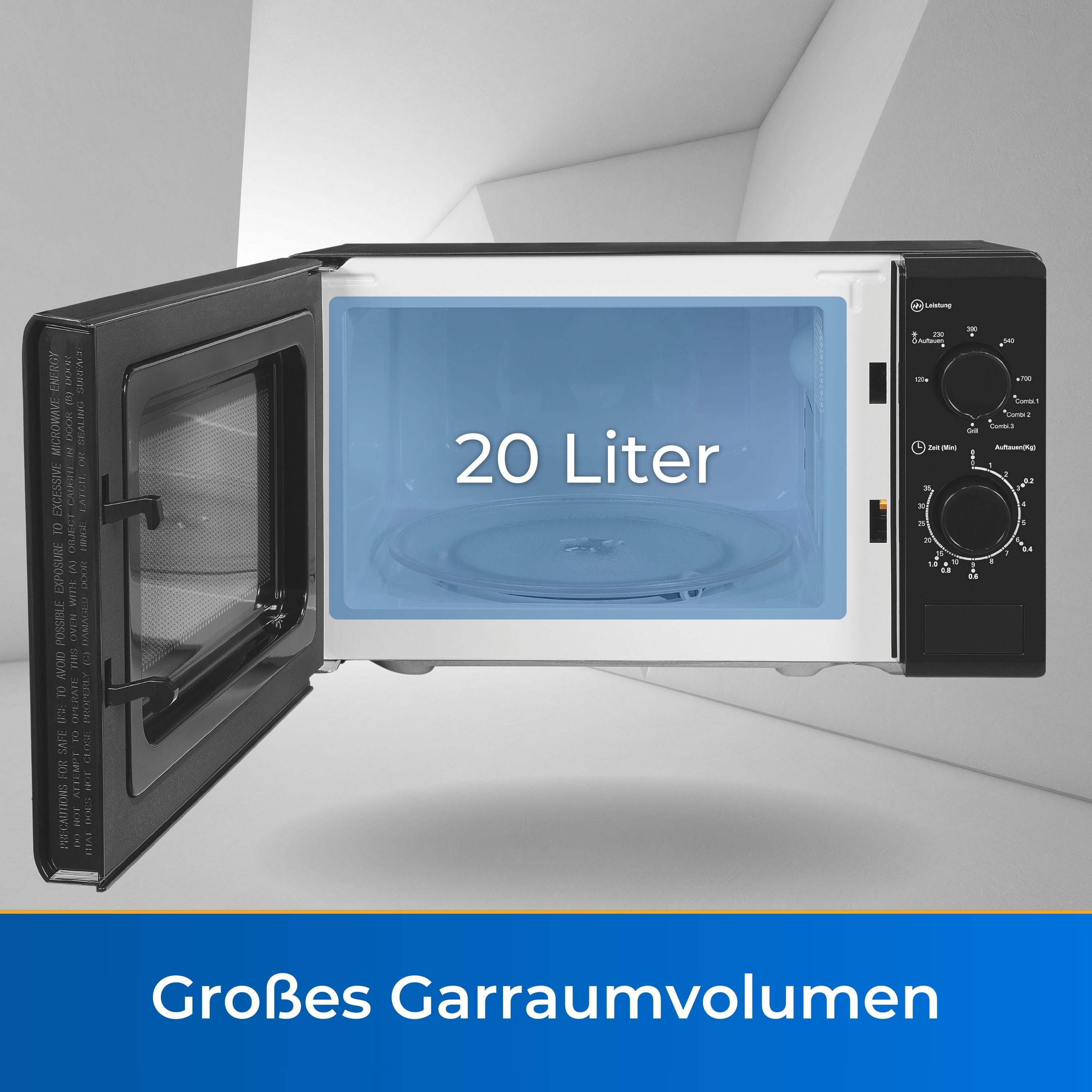 Schwarze Mikrowelle mit offener Tür, Innenraum und blauem Innenraum. 20 Liter steht innen.