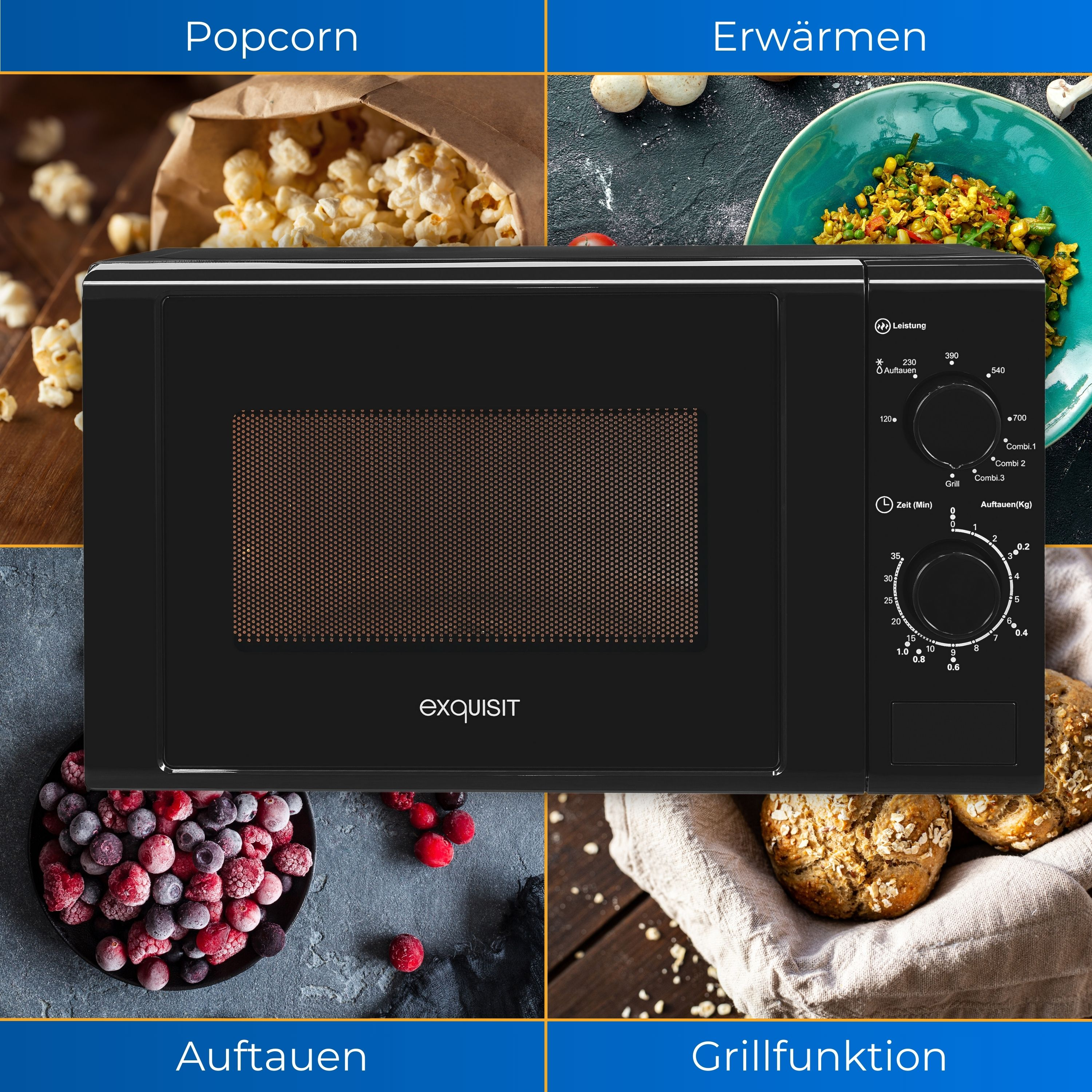Eine schwarze Mikrowelle mit vier Bildern von Lebensmitteln, darunter Popcorn, erhitzte Lebensmittel und Tiefkühlkost.